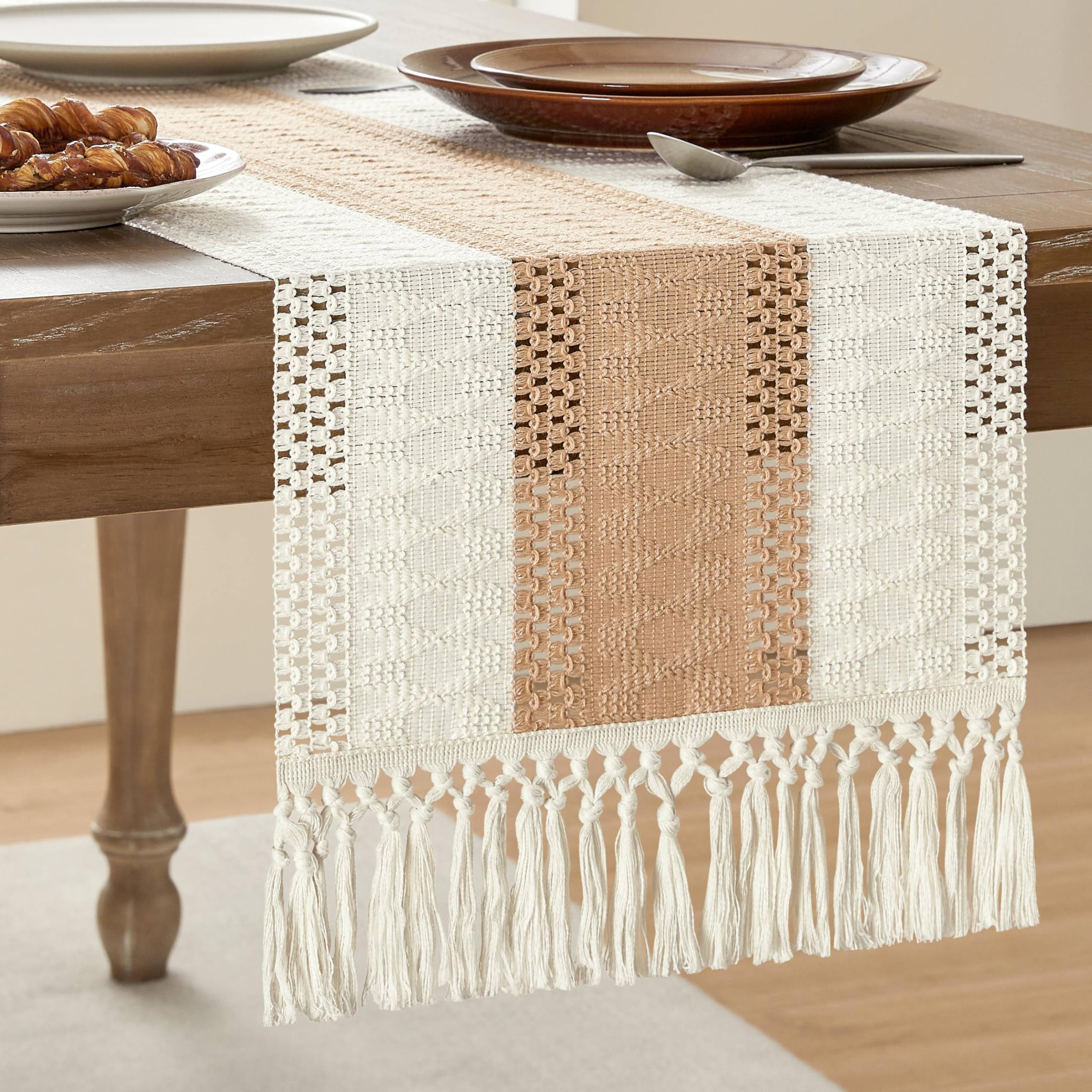 Camino De Mesa Zeemart, Estilo Macramé, Bicolor, 35 X 275 Cm, Beige/iv - Venta Internacional.