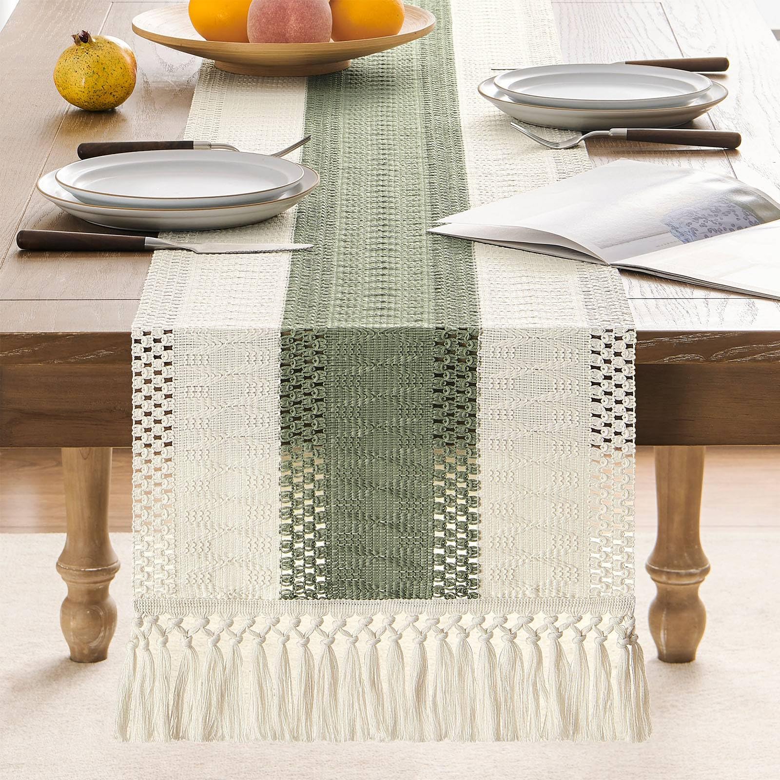 Foto 2 | Camino De Mesa Zeemart, Estilo Macramé, Bicolor, 35 X 150 Cm, Verde/iv - Venta Internacional.