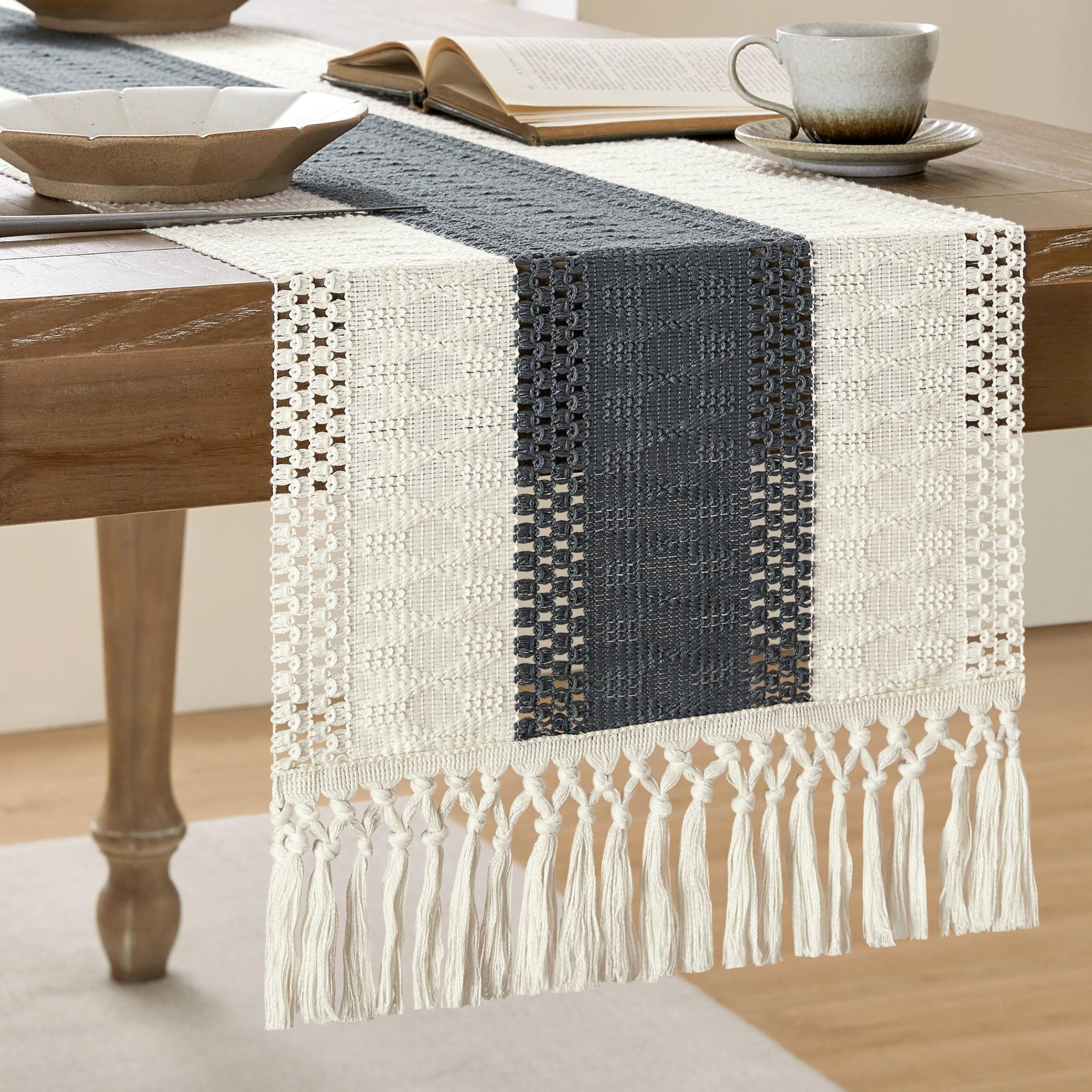 Camino De Mesa Zeemart, Estilo Macramé, Bicolor, 35 X 229 Cm, Color Carbón - Venta Internacional.