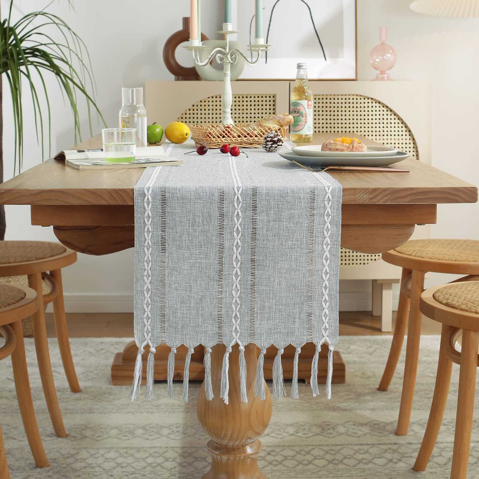 Tapete De Mesa Wracra Rustic Con Dobladillo De Lino, 275 X 33 Cm, Color Gris - Venta Internacional.