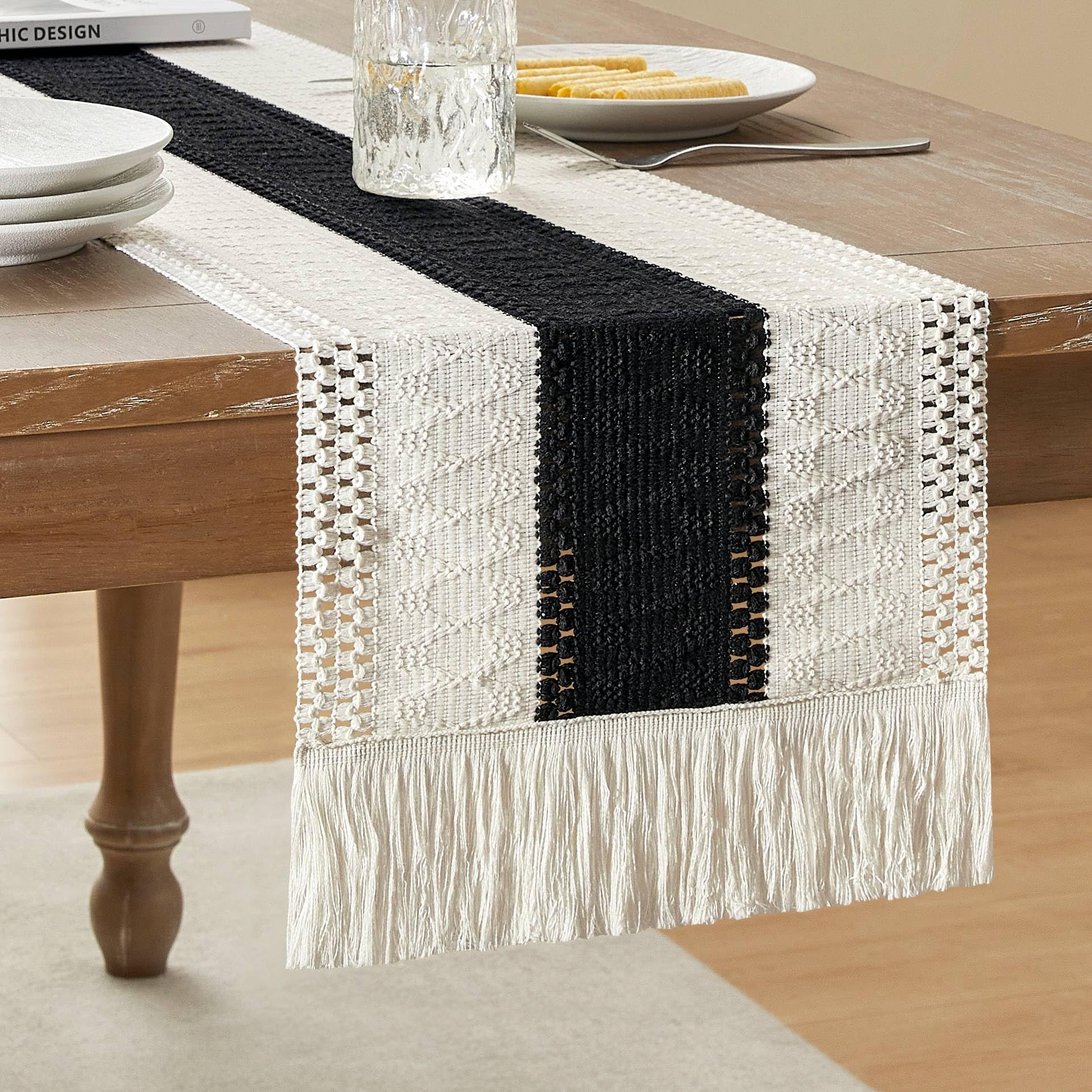 Camino De Mesa Zeemart, Estilo Macramé, Bicolor, 30 X 150 Cm, Negro/iv - Venta Internacional.