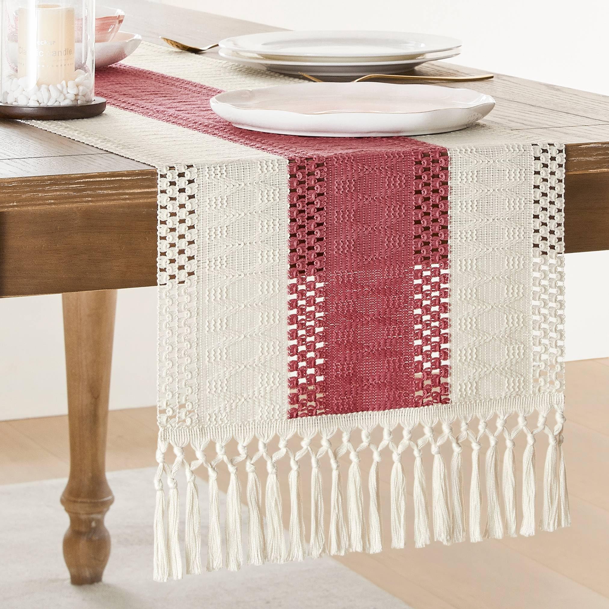 Camino De Mesa Zeemart, Estilo Macramé, Bicolor, 36 X 229 Cm, Dusty Ro - Venta Internacional.