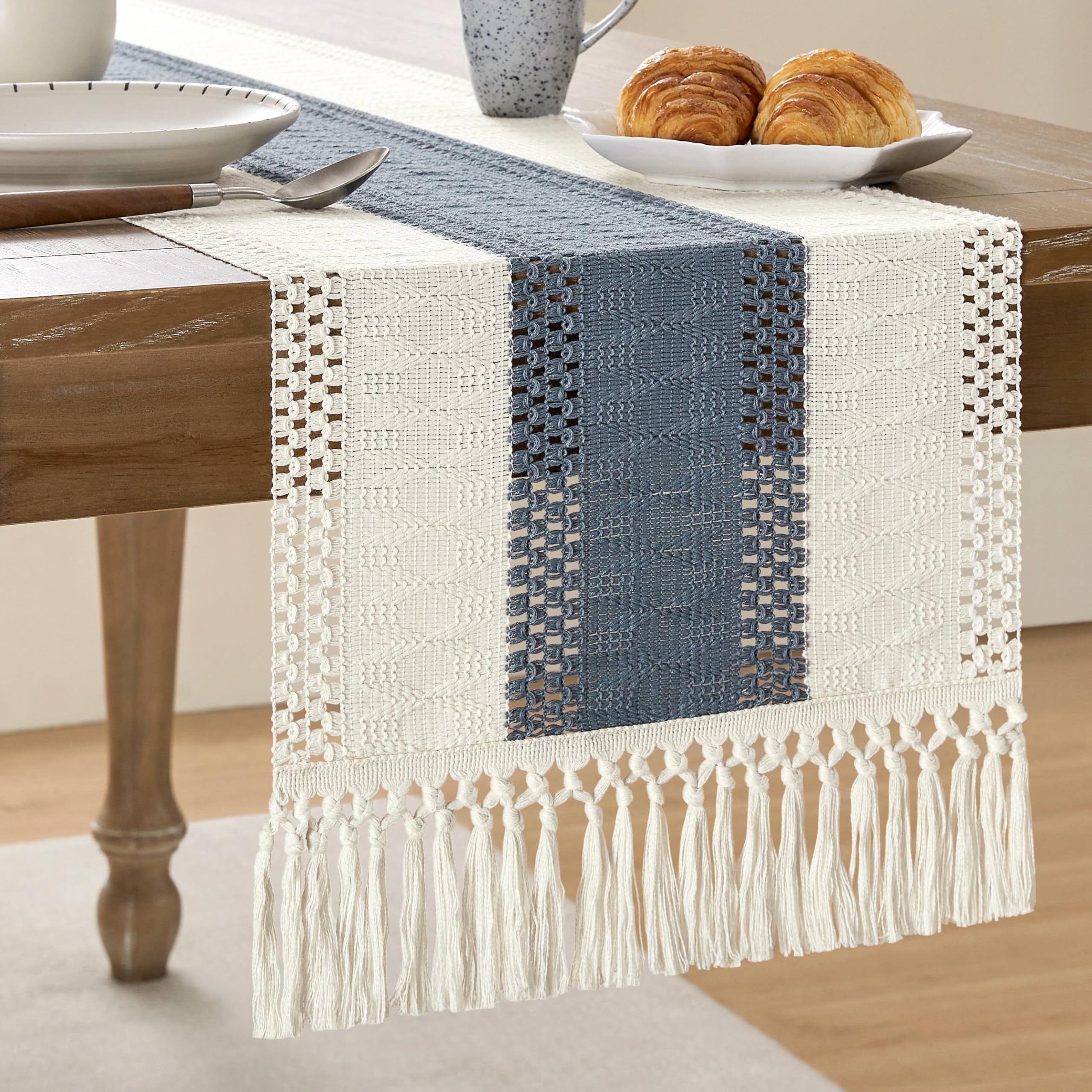 Tapete De Mesa Zeemart, Estilo Macramé, Bicolor, 36 X 120 Cm, Azul Marino Y Verde - Venta Internacional.