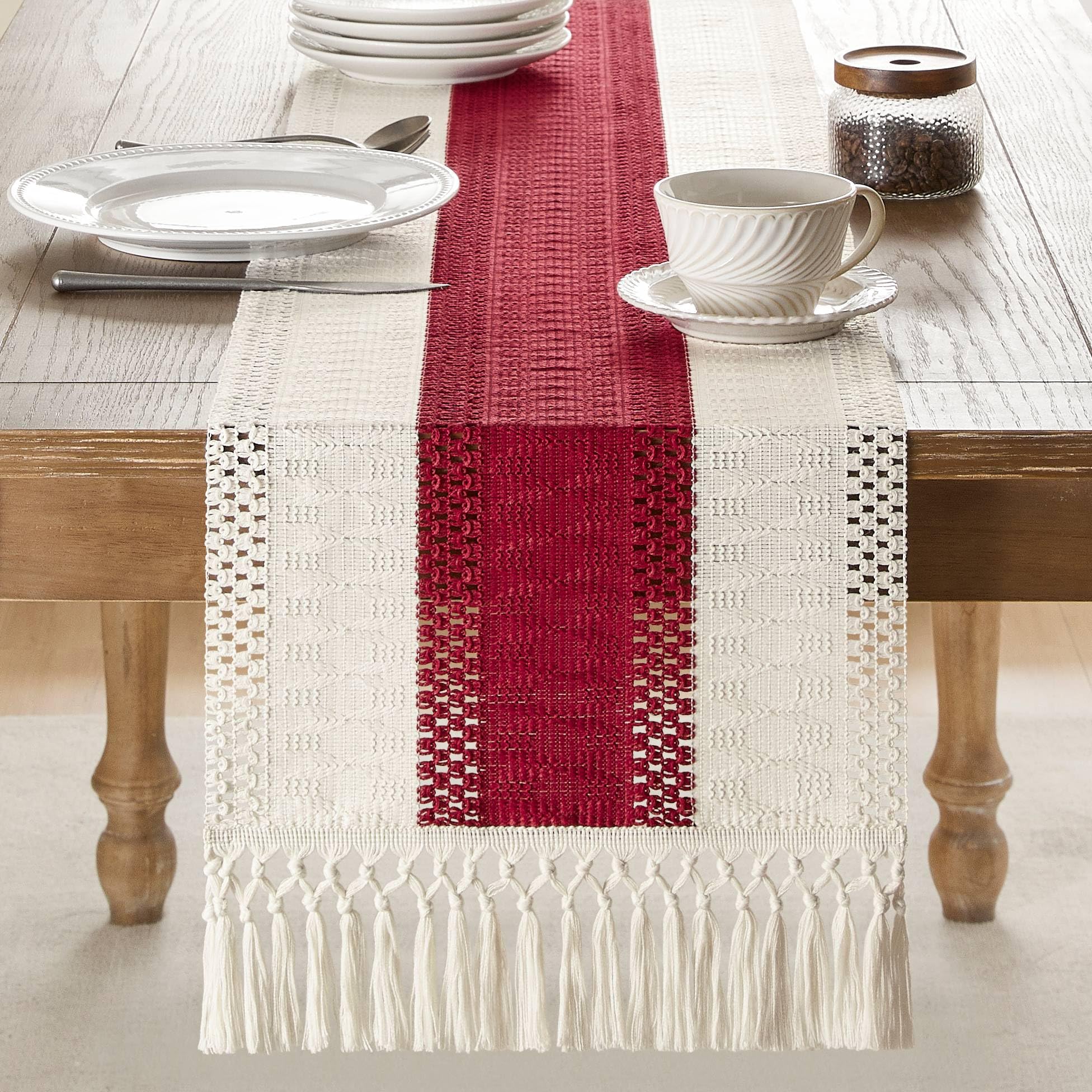 Foto 3 pulgar | Camino De Mesa Zeemart, Estilo Macramé, Bicolor, 35 X 150 Cm, Rojo/marfil - Venta Internacional.
