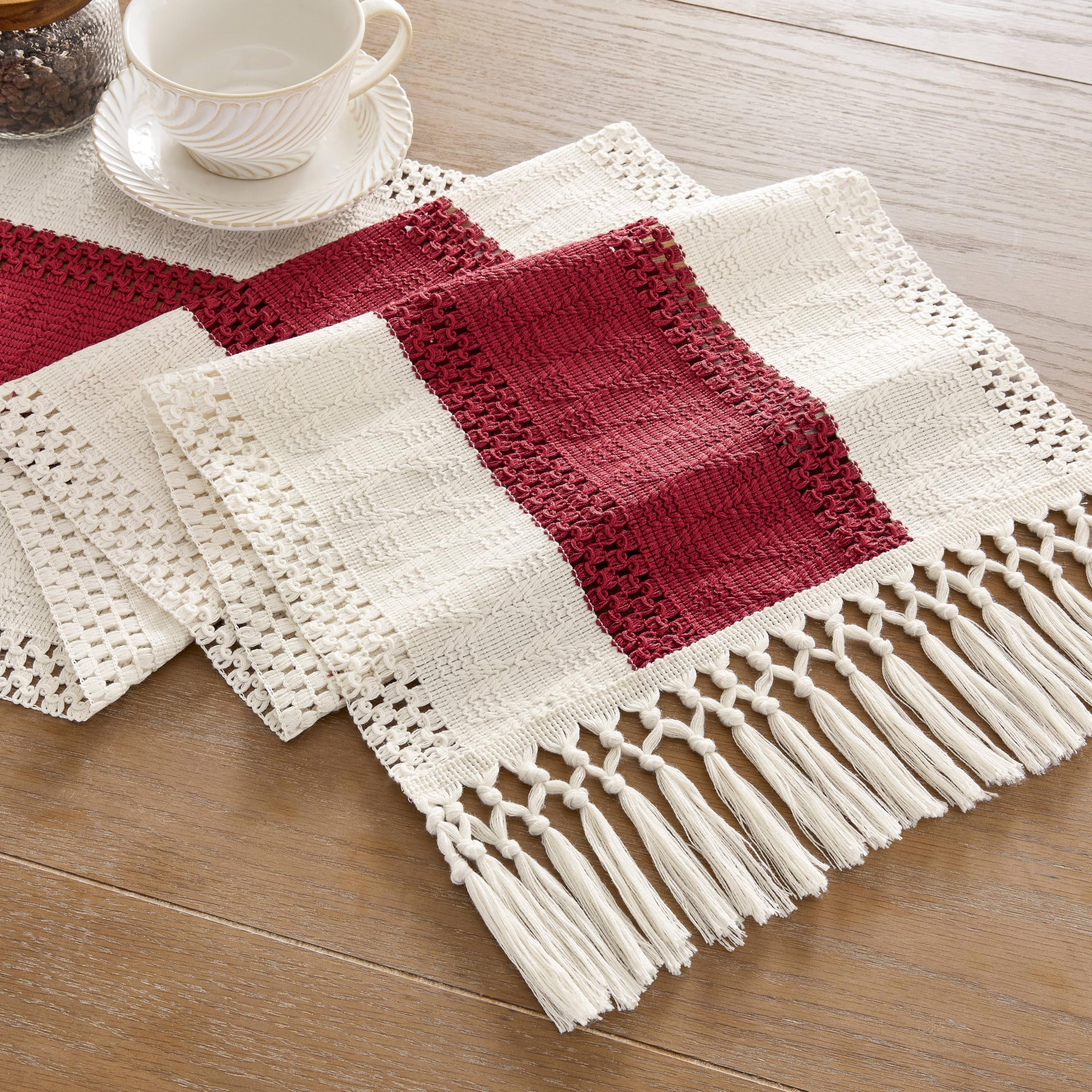 Foto 8 pulgar | Camino De Mesa Zeemart, Estilo Macramé, Bicolor, 35 X 150 Cm, Rojo/marfil - Venta Internacional.