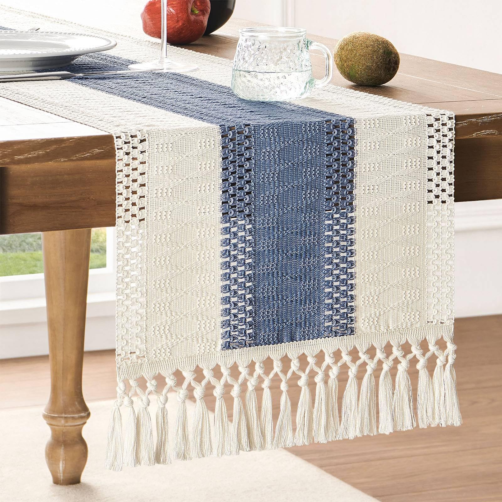 Tapete De Mesa Zeemart, Estilo Macramé, Bicolor, 36 X 90 Cm, Azul/marfil - Venta Internacional.