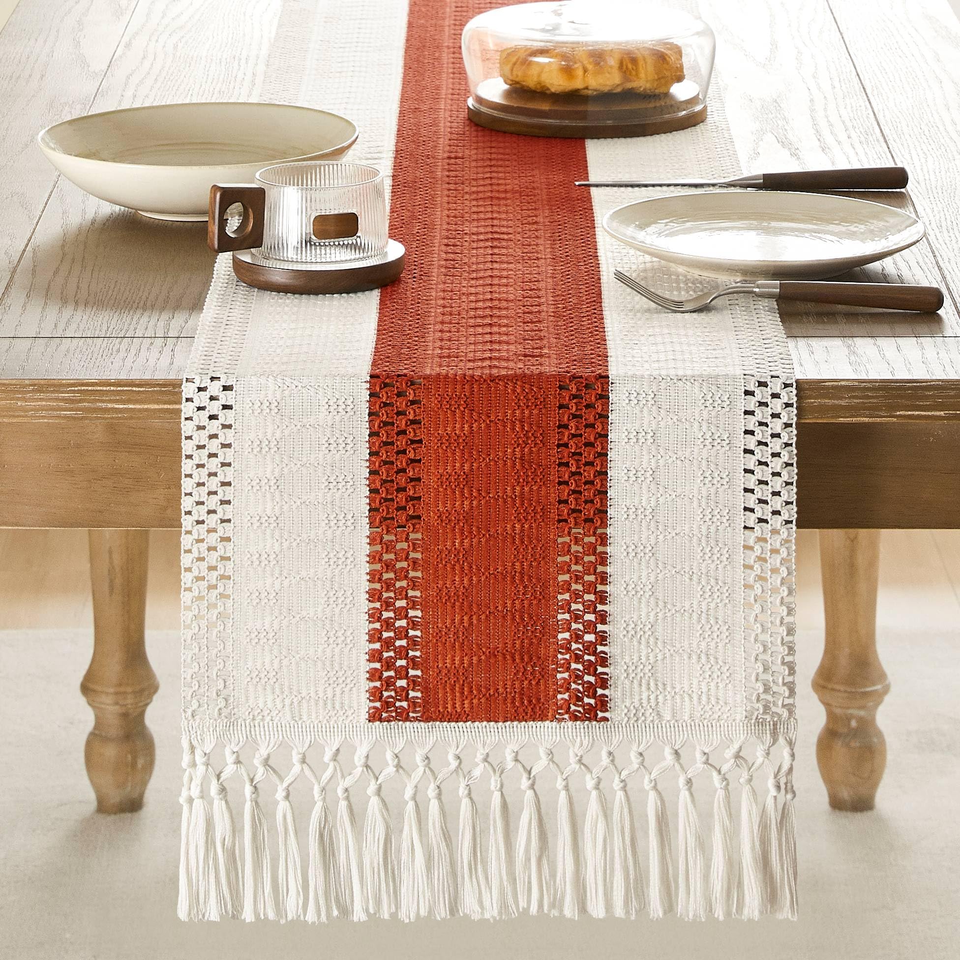 Foto 2 | Camino De Mesa Zeemart, Estilo Macramé, Bicolor, 36 X 183 Cm, Naranja/marfil - Venta Internacional.