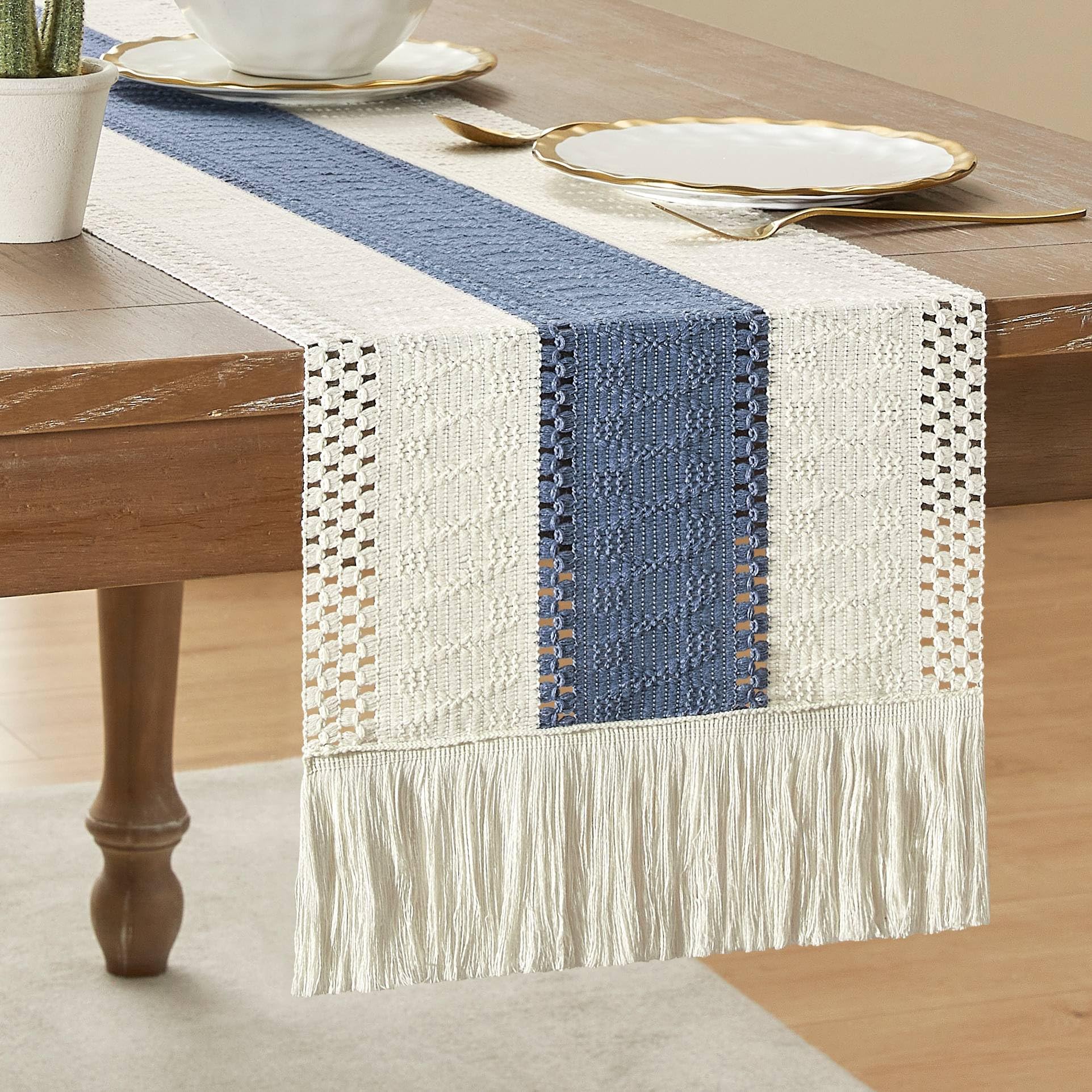 Tapete De Mesa Zeemart, Estilo Macramé, Bicolor, 30 X 275 Cm, Azul/verde - Venta Internacional.