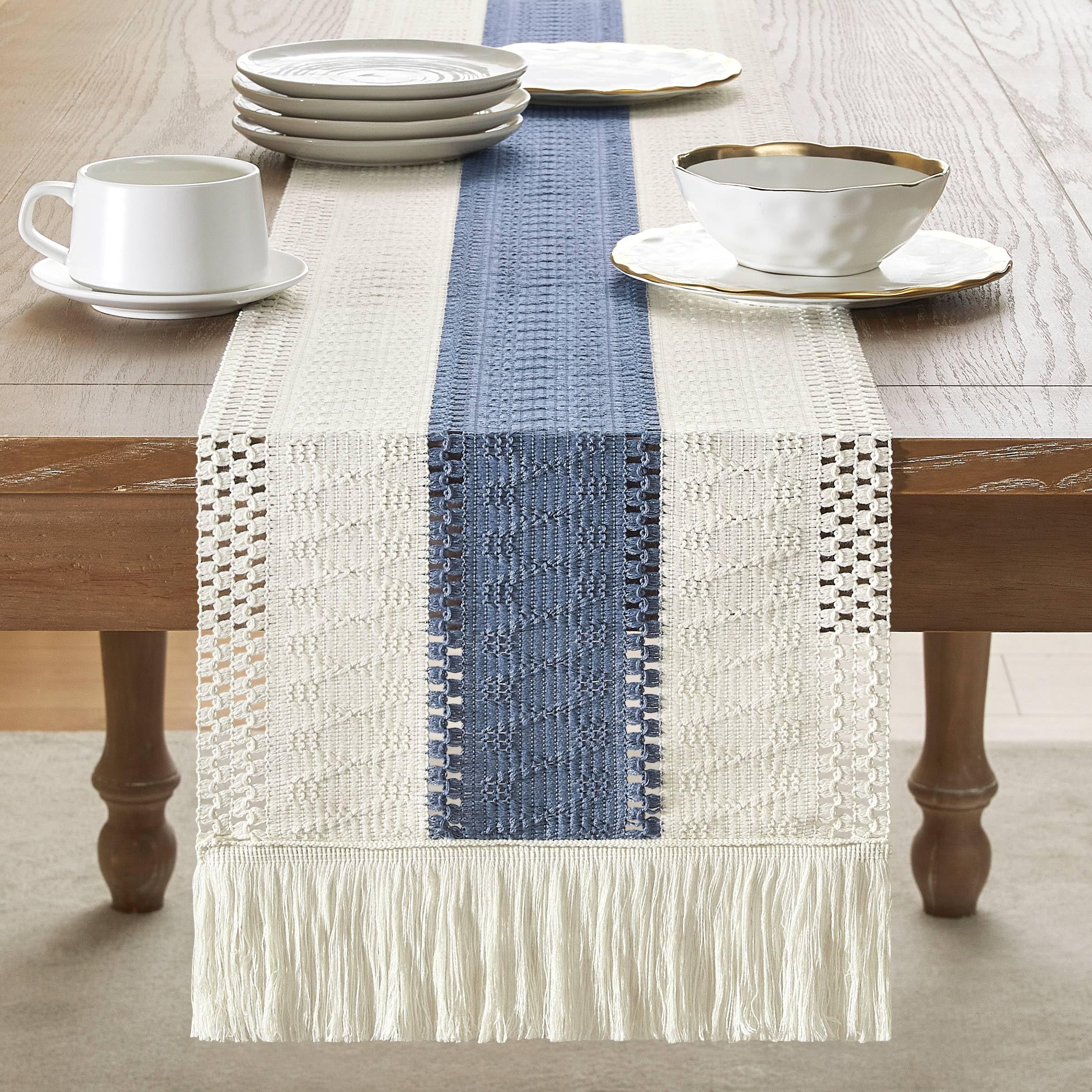 Foto 2 | Tapete De Mesa Zeemart, Estilo Macramé, Bicolor, 30 X 275 Cm, Azul/verde - Venta Internacional.