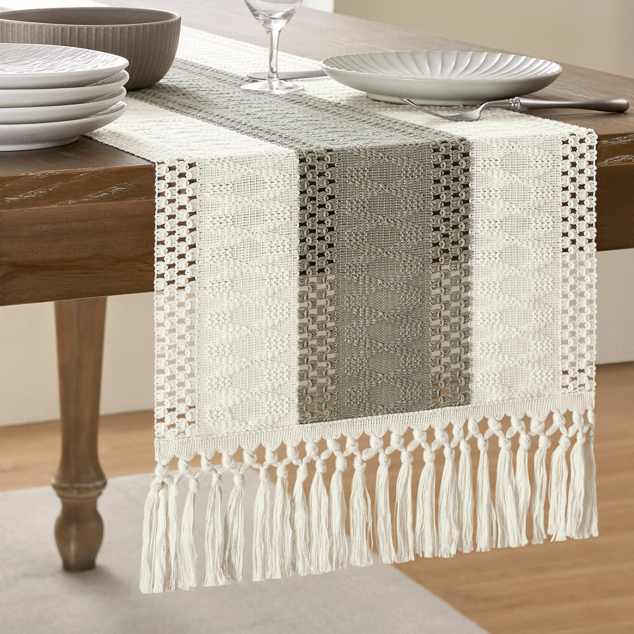 Foto 2 pulgar | Camino De Mesa Zeemart, Estilo Macramé, Bicolor, 36 X 183 Cm, Color Beige Oscuro - Venta Internacional.