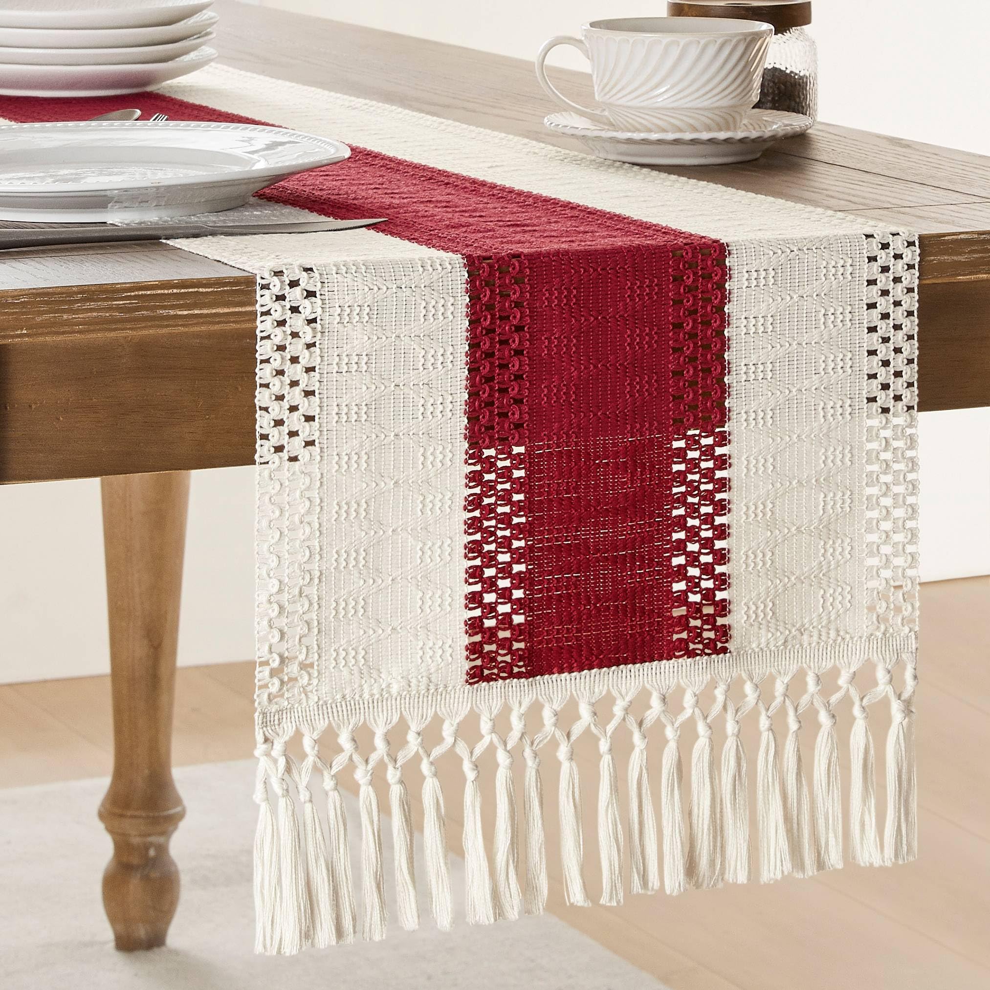 Foto 2 pulgar | Tapete De Mesa Zeemart, Estilo Macramé, Bicolor, 36 X 120 Cm, Rojo/marfil - Venta Internacional.