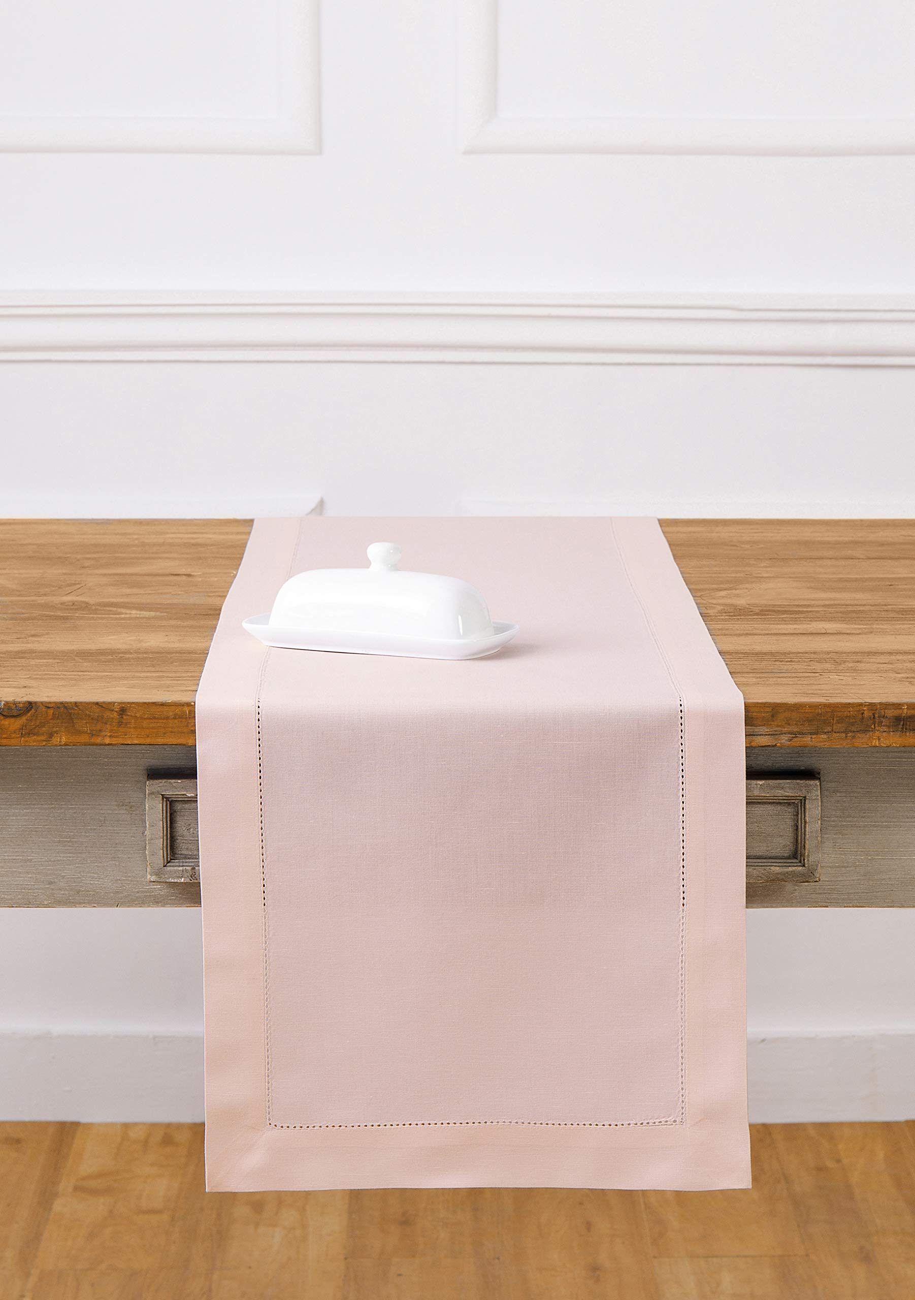 Tapete De Mesa Solino Home Con Dobladillo De Lino Y Algodón Rosa, 150 Cm - Venta Internacional.