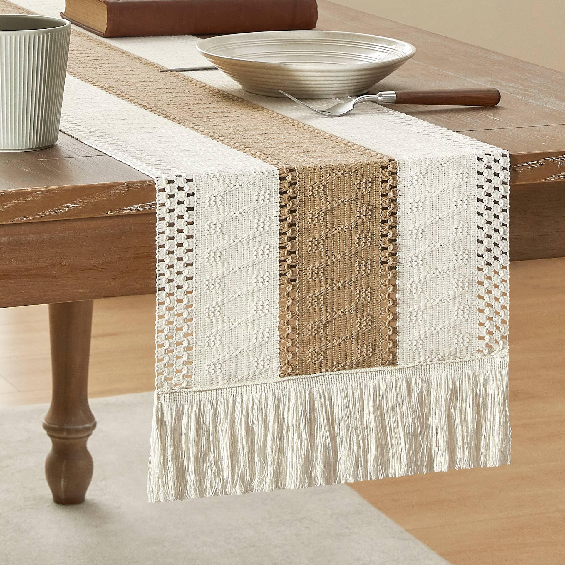 Tapete De Mesa Zeemart, Estilo Macramé, Bicolor, 30 X 230 Cm, Color Marrón/iv - Venta Internacional.