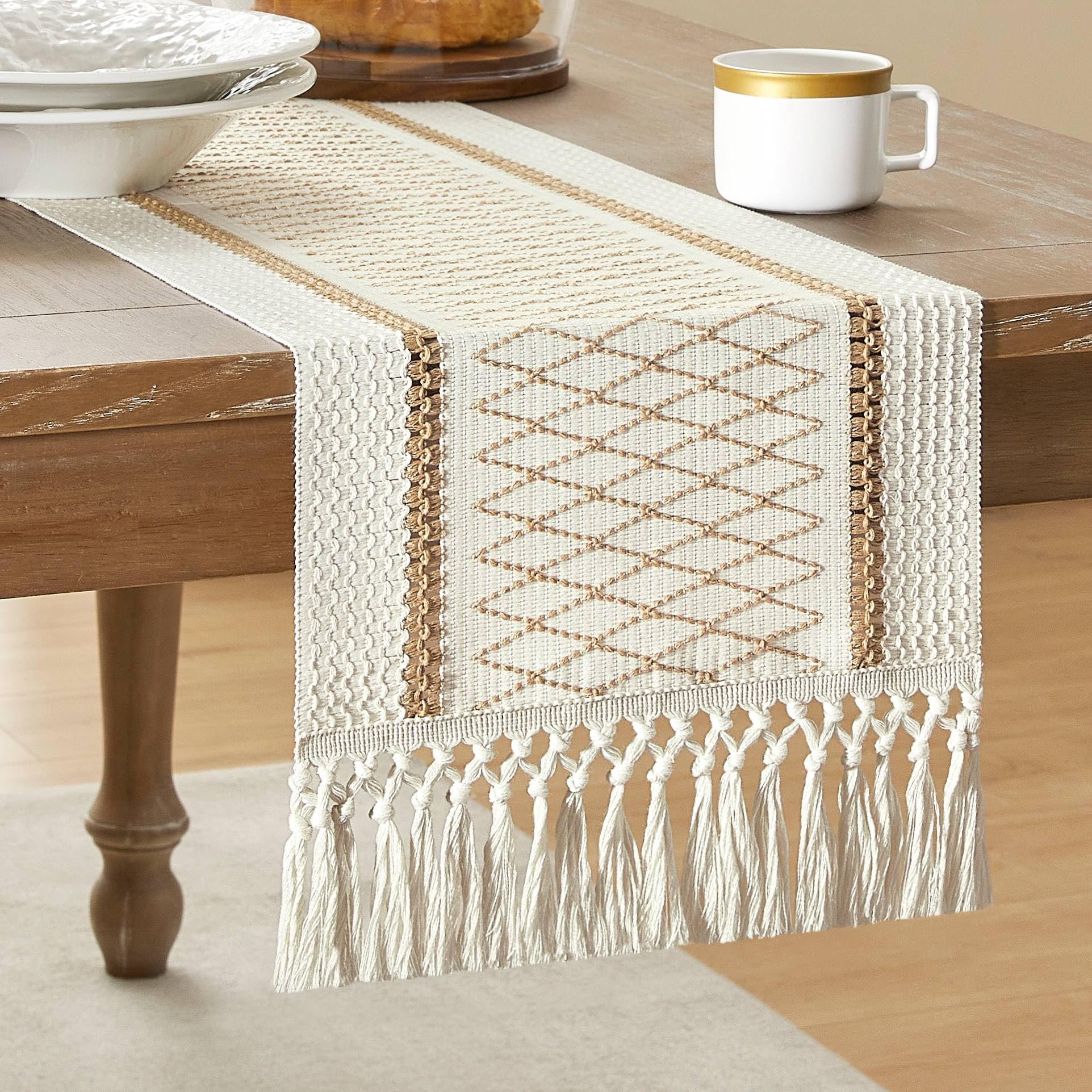 Tapete De Mesa Zeemart, Estilo Macramé, Bicolor, 30 X 180 Cm, Color Marrón/iv - Venta Internacional.