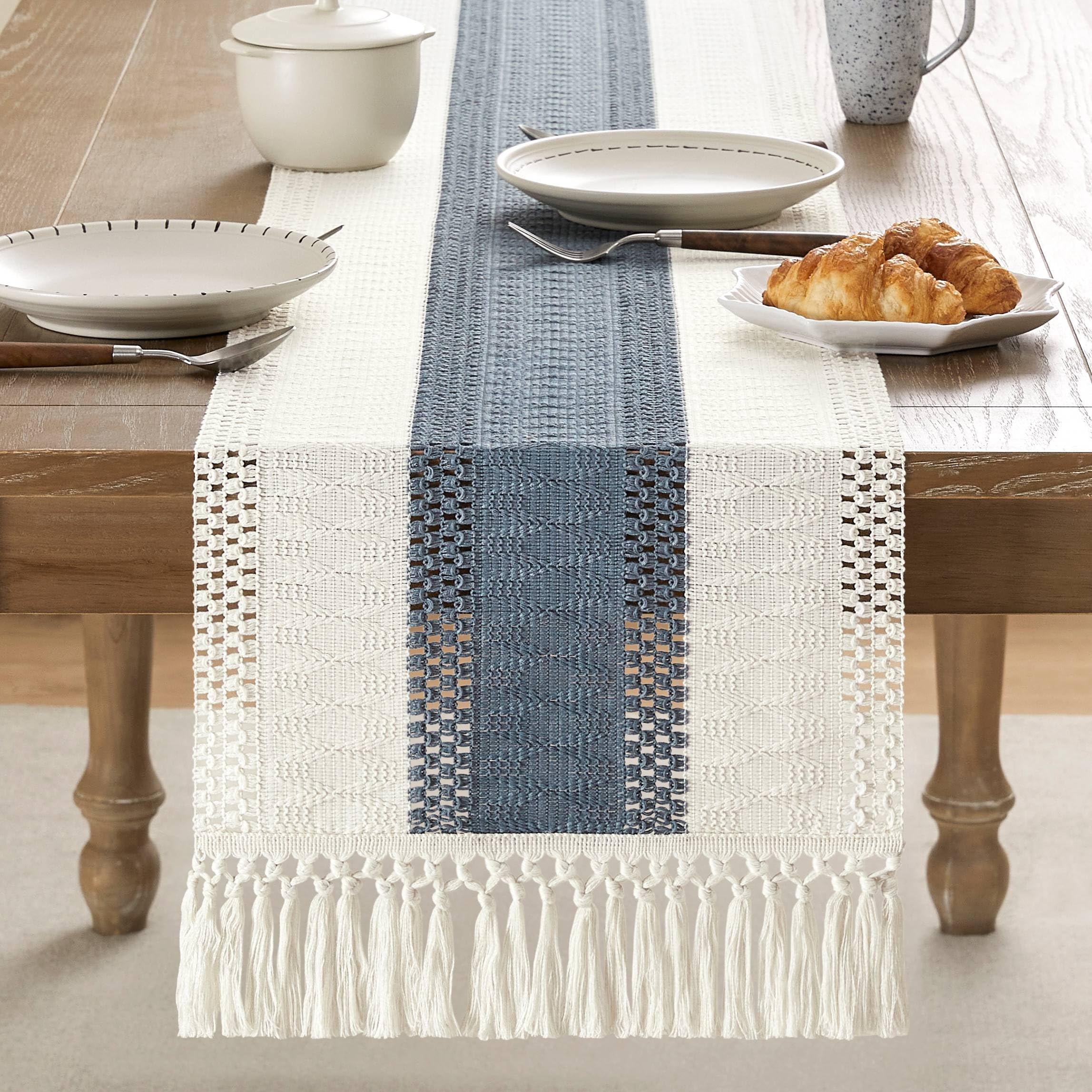 Foto 3 pulgar | Tapete De Mesa Zeemart, Estilo Macramé, Bicolor, 36 X 90 Cm, Azul Marino Y Marfil - Venta Internacional.