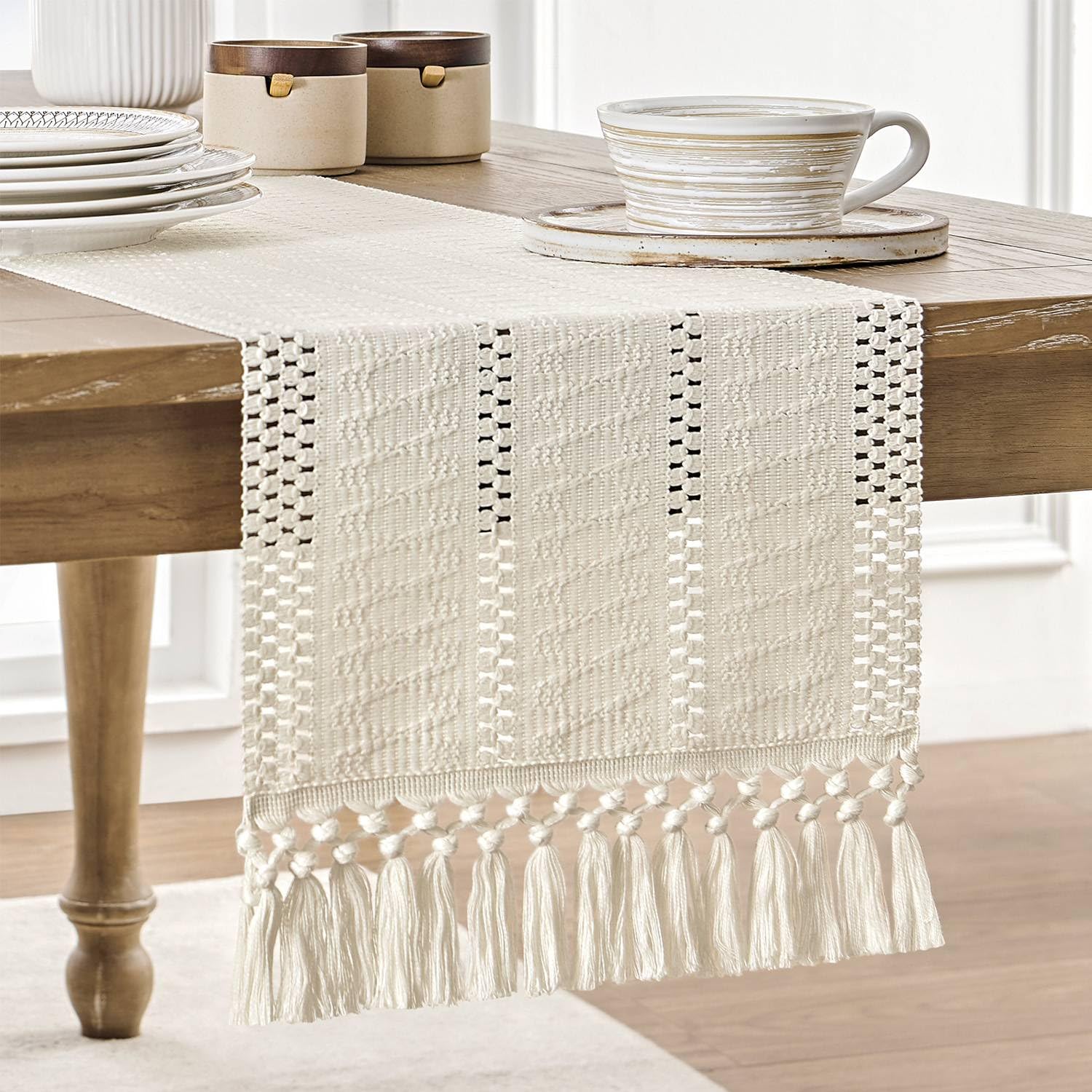 Foto 1 | Camino de Mesa Zeemart Estilo Macramé Estilo Bohemio 230 cm Algodón Marfil - Venta Internacional