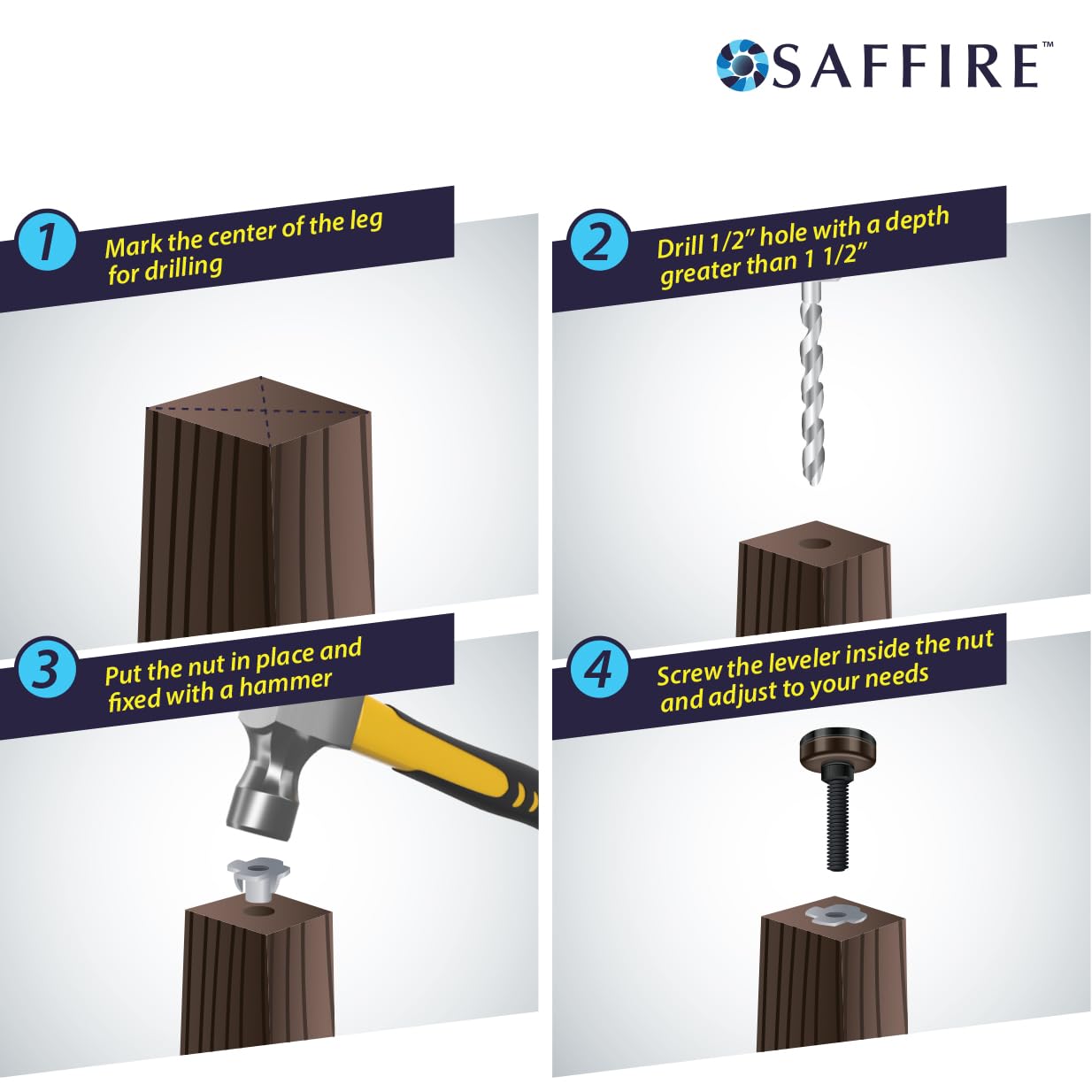Foto 7 | Niveladores Ajustables Para Muebles Saffire  Color Marrón Oscuro (paquete De 4) - Venta Internacional.