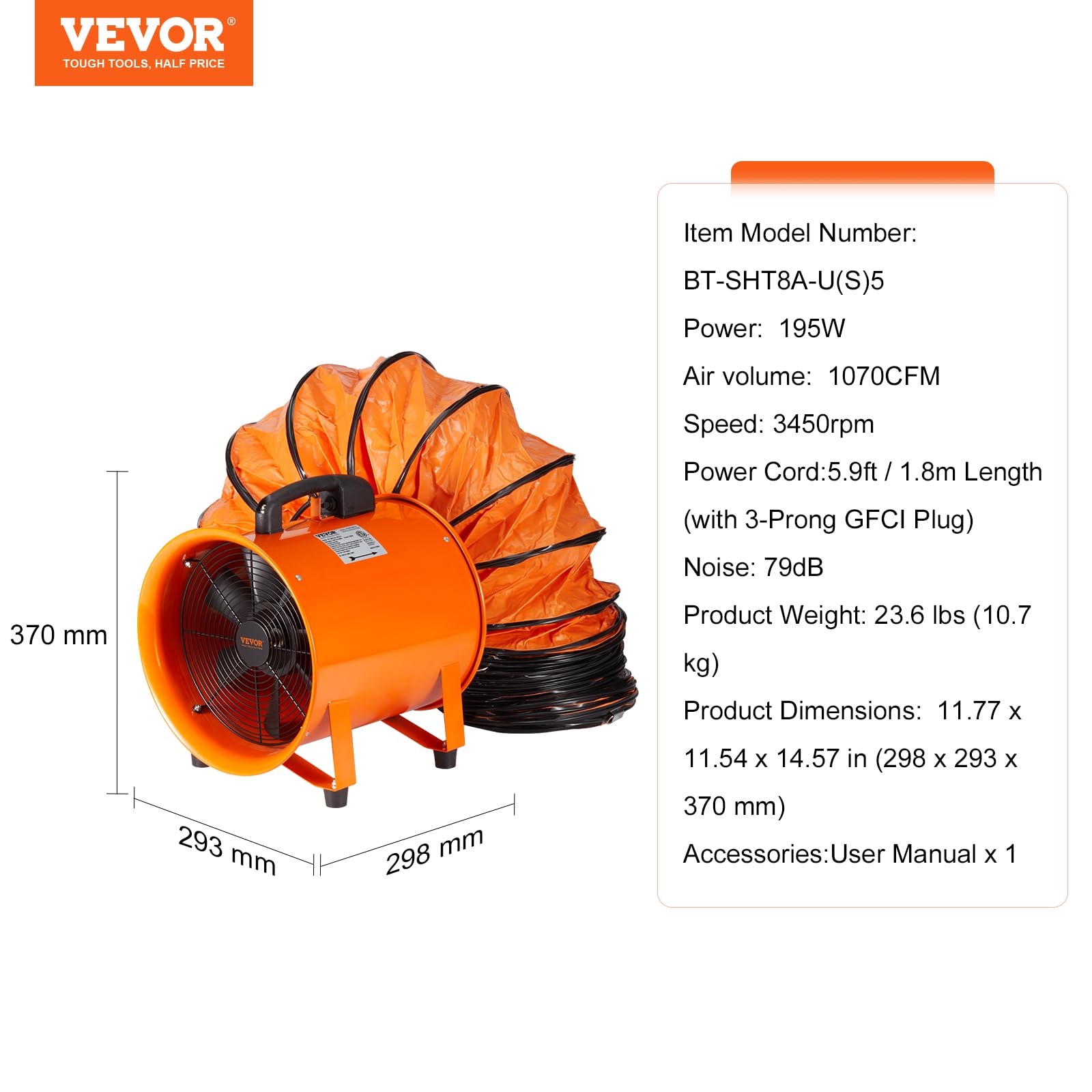 Foto 8 pulgar | Ventilador Utilitario Portátil Vevor De 8 Pulgadas, 195 W, 1070 M³/h - Venta Internacional.