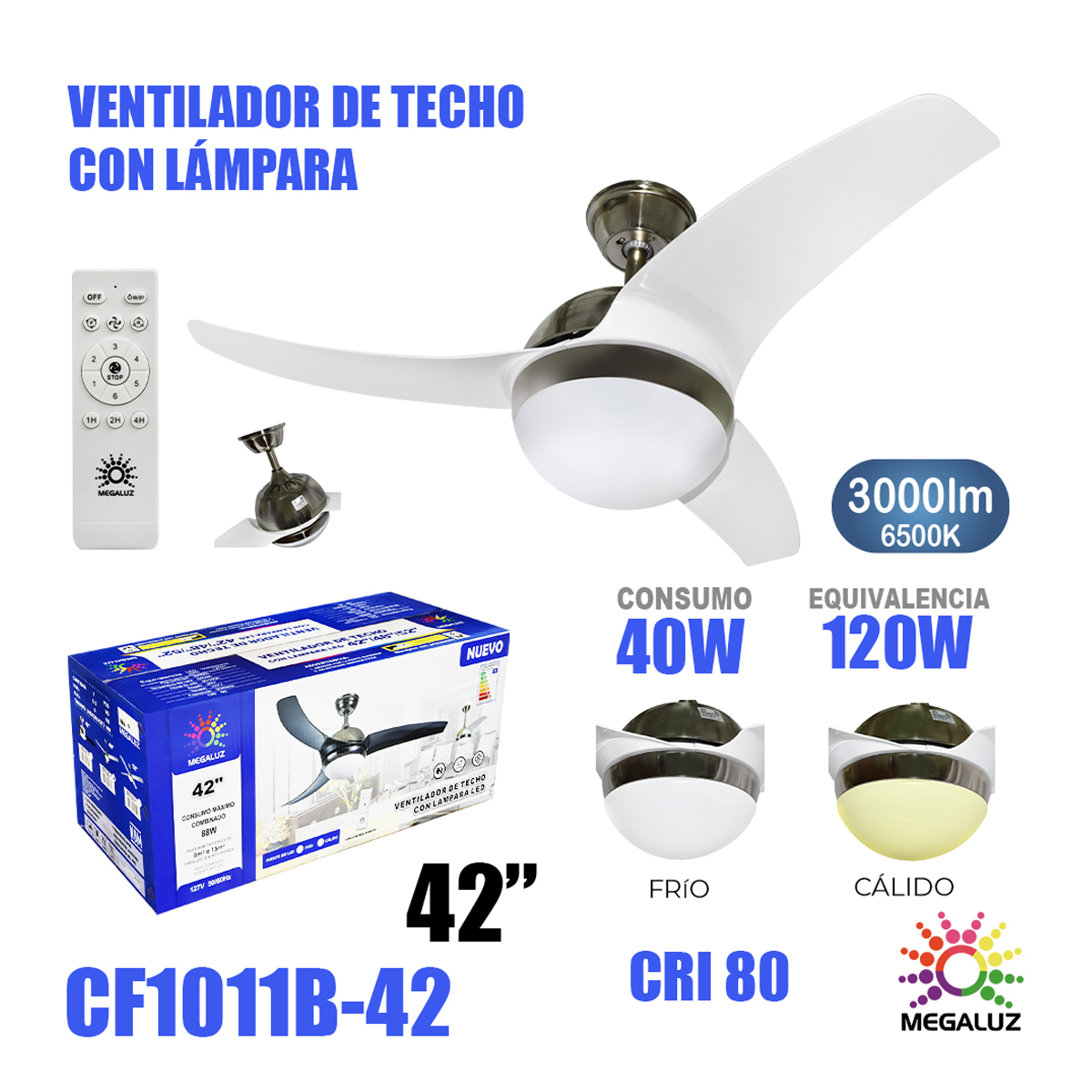 Foto 2 | Ventilador De Techo 3 Aspas Blanco Megaluz