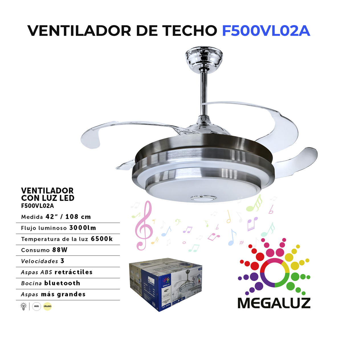 Foto 3 pulgar | Ventilador de Techo Megaluz F500VL02A color Blanco con Lámpara Led y Bocina Bluetooth