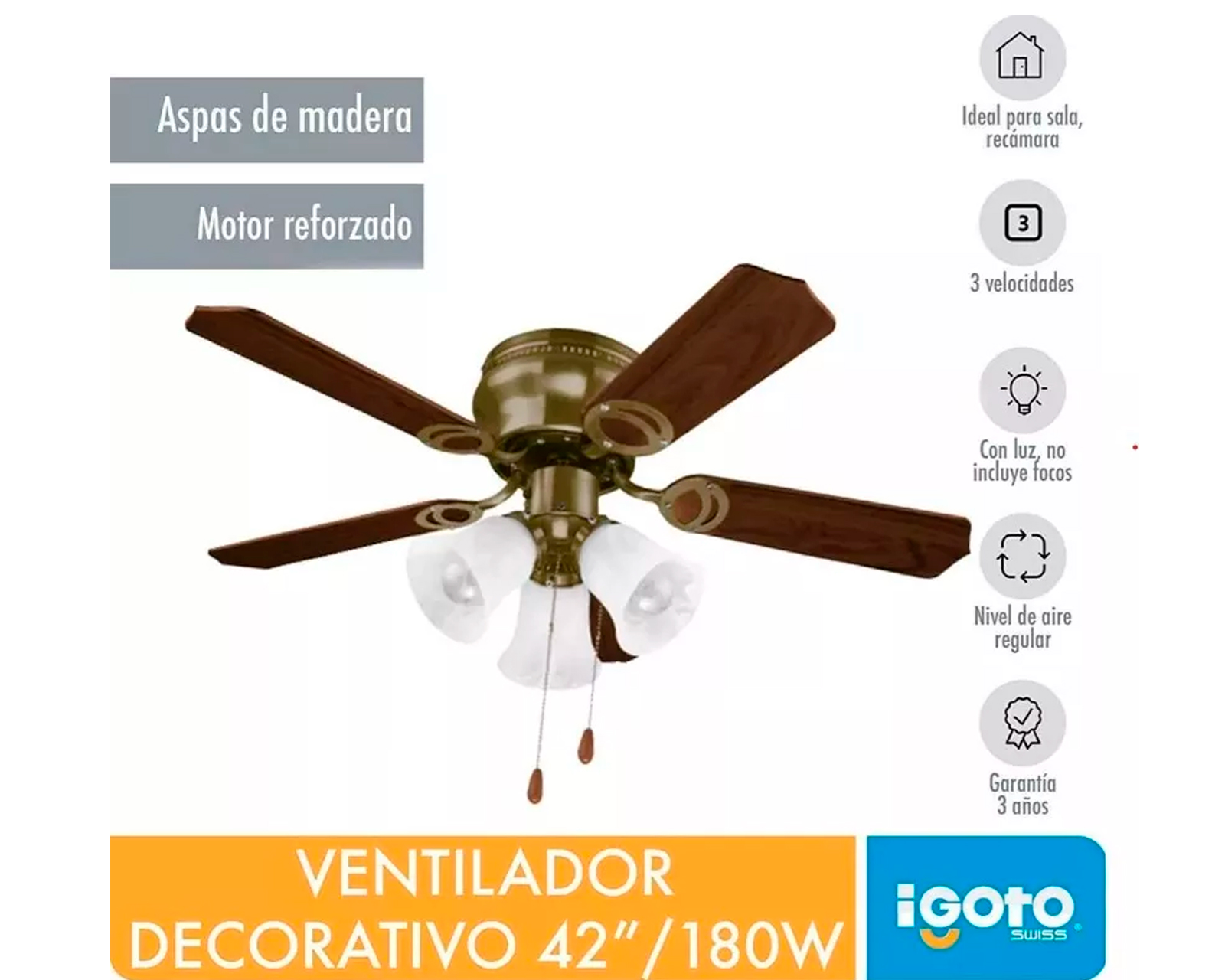 Foto 4 pulgar | Ventilador De Techo Igoto V4202 Madera Con 3 Velocidades