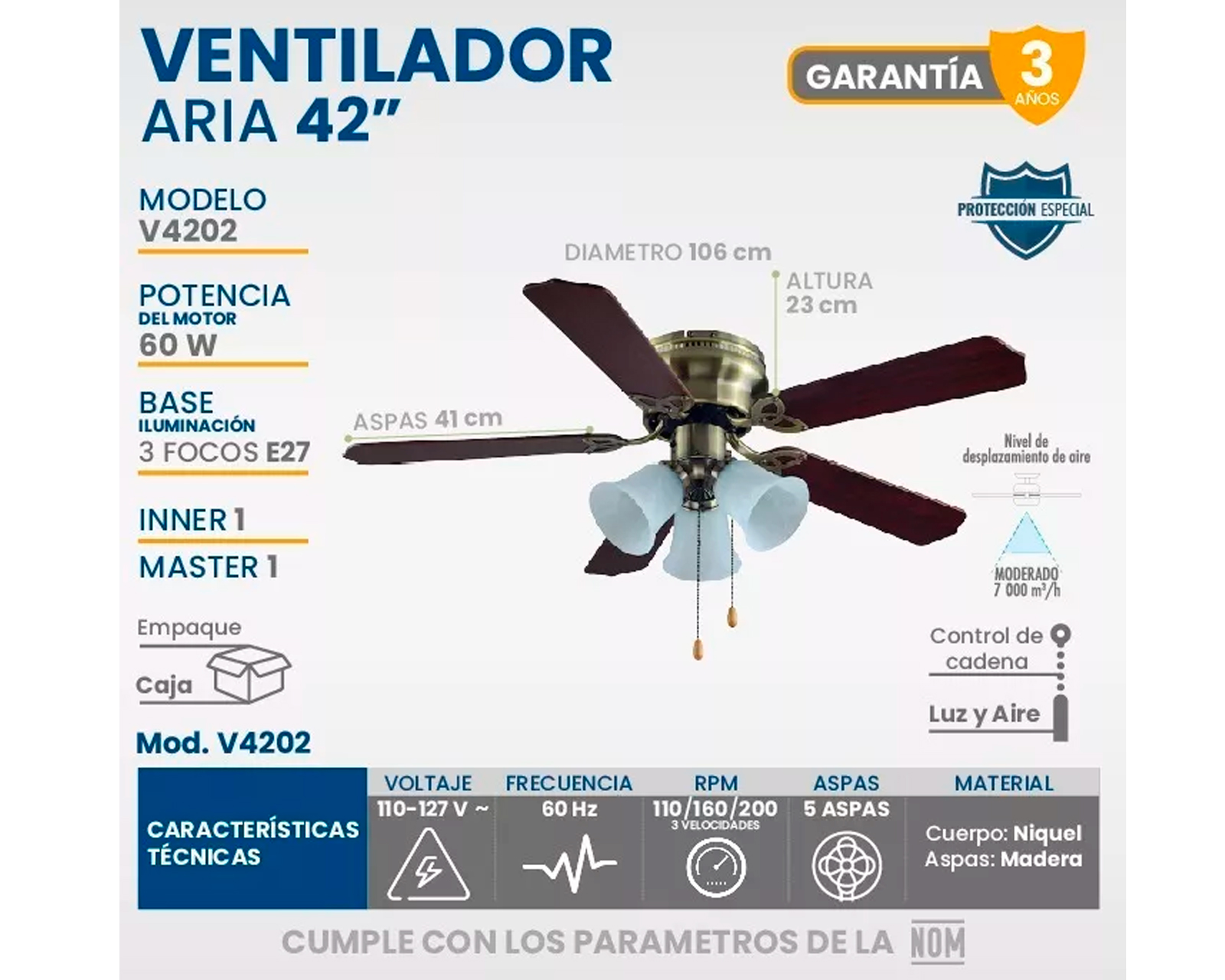 Foto 5 pulgar | Ventilador De Techo Igoto V4202 Madera Con 3 Velocidades