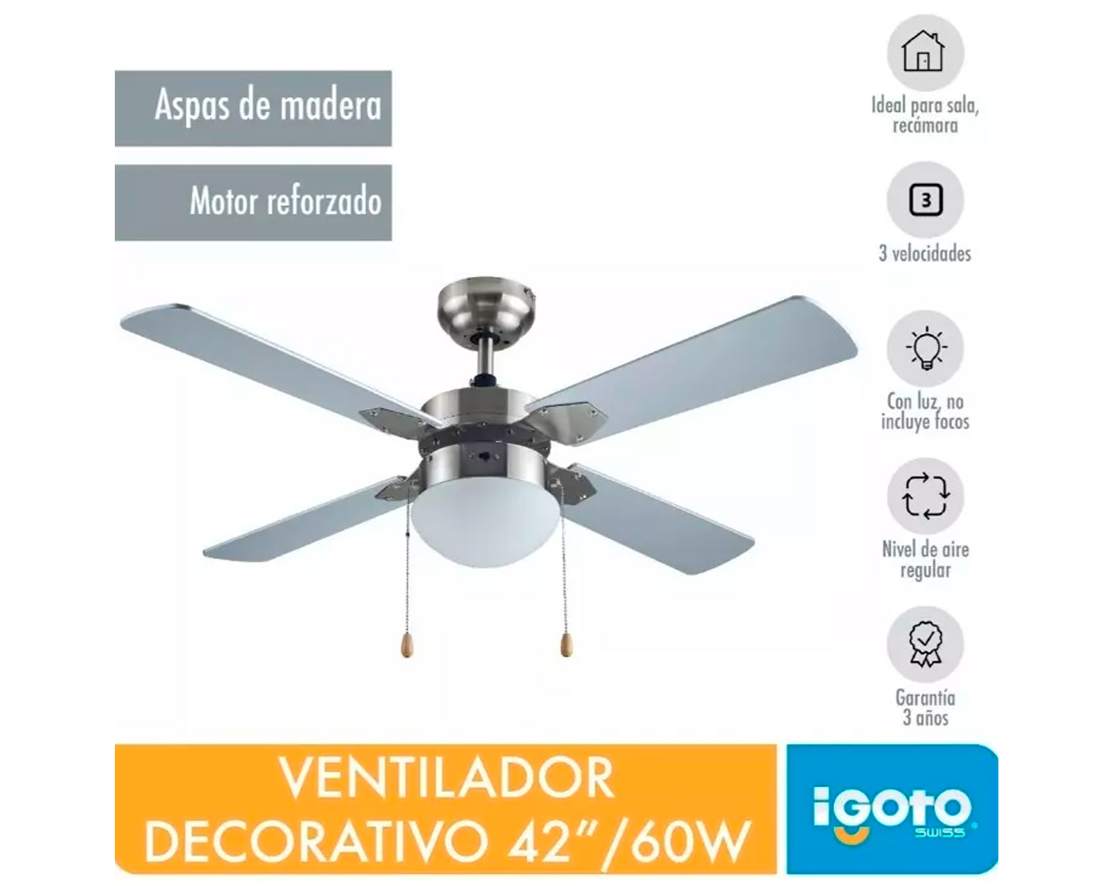 Foto 4 pulgar | Ventilador De Techo Igoto V4204 Gris Con 3 Velocidades