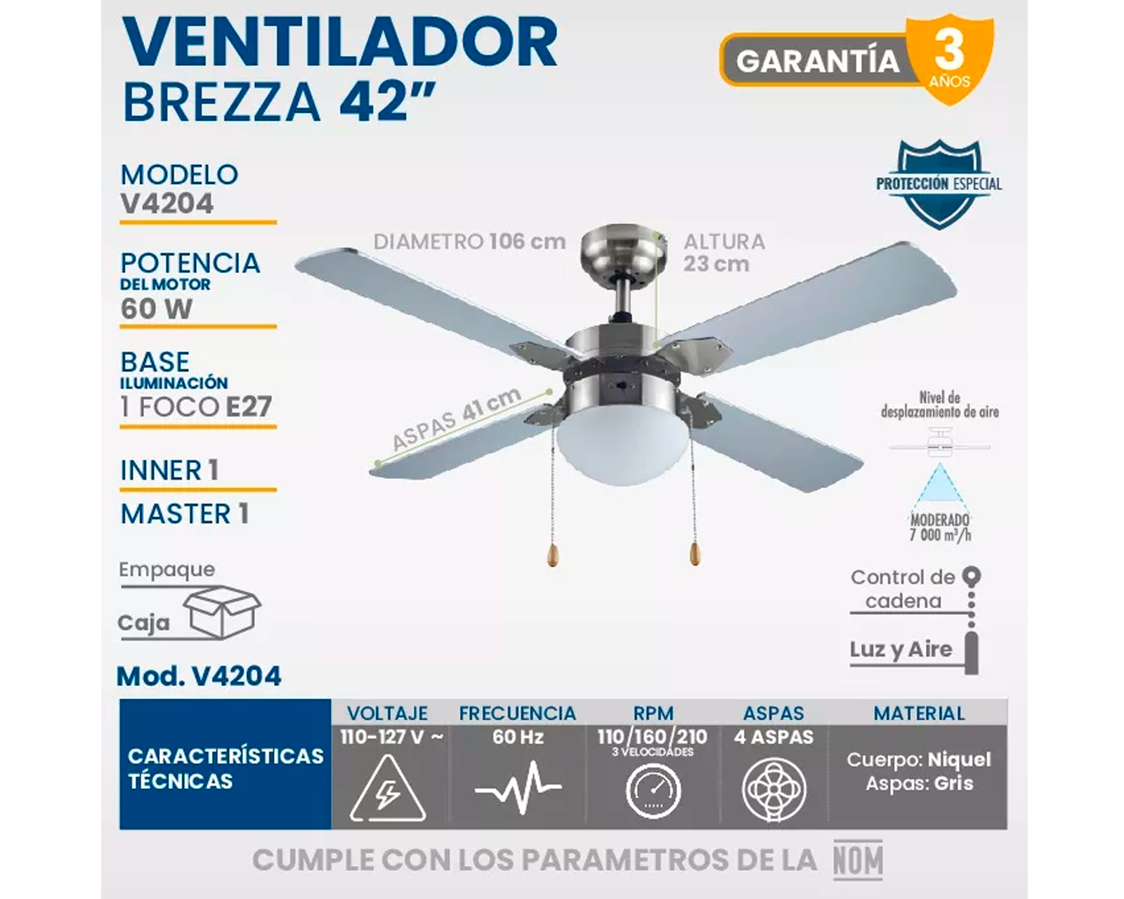 Foto 5 pulgar | Ventilador De Techo Igoto V4204 Gris Con 3 Velocidades