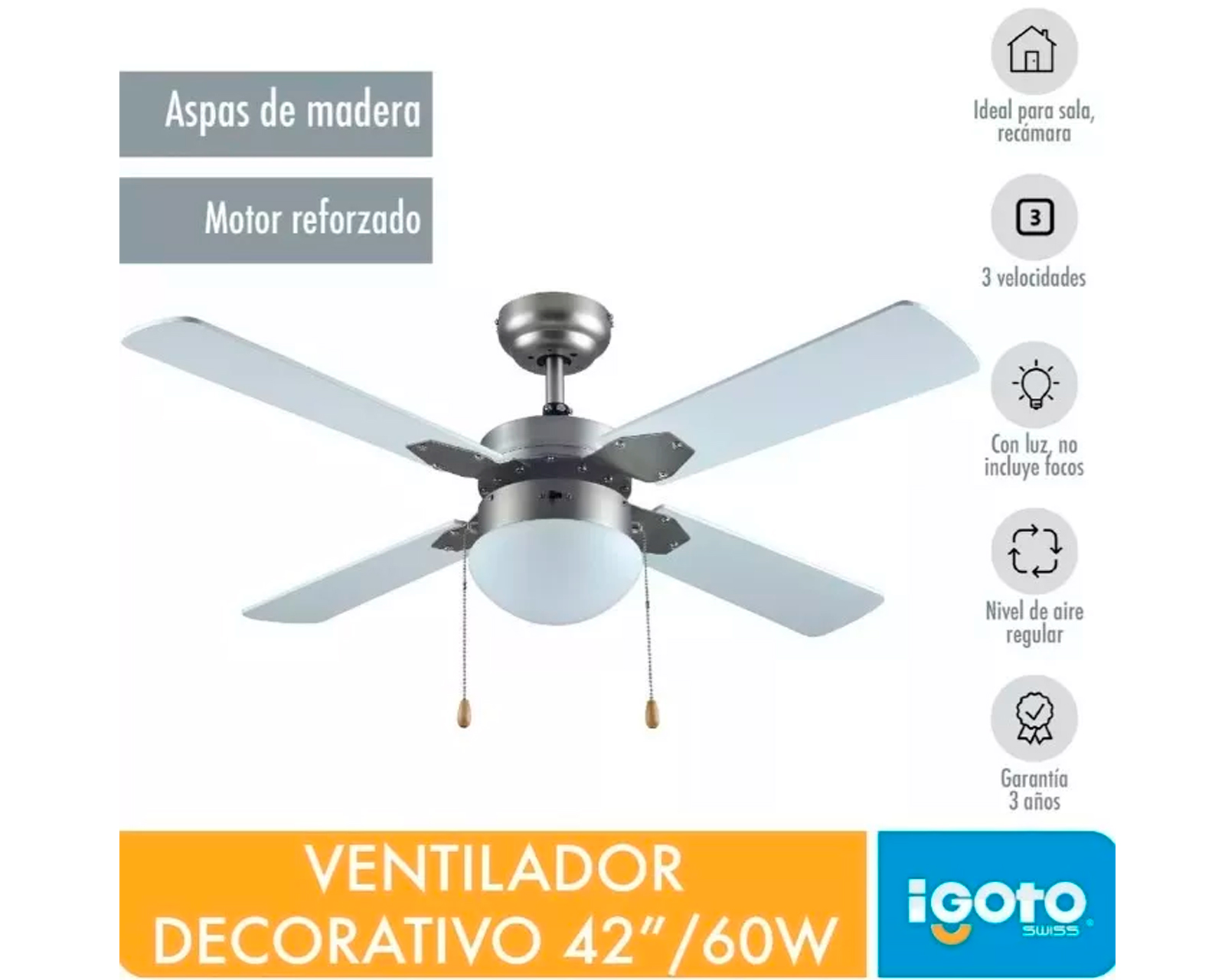 Foto 4 pulgar | Ventilador De Techo Igoto V4203 Blanco Con 3 Velocidades