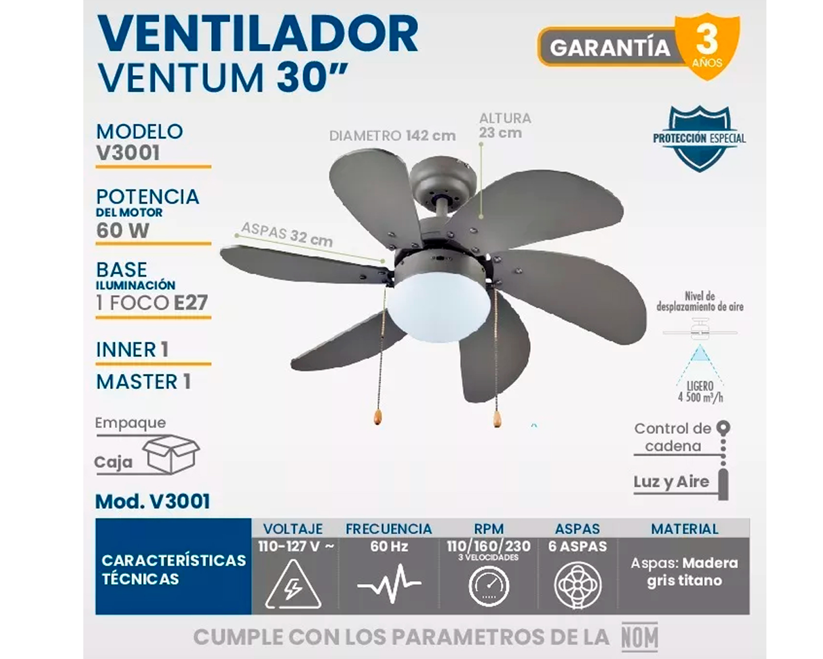 Foto 5 pulgar | Ventilador Para Techo Igoto V3001 Gris De 3 Velocidades