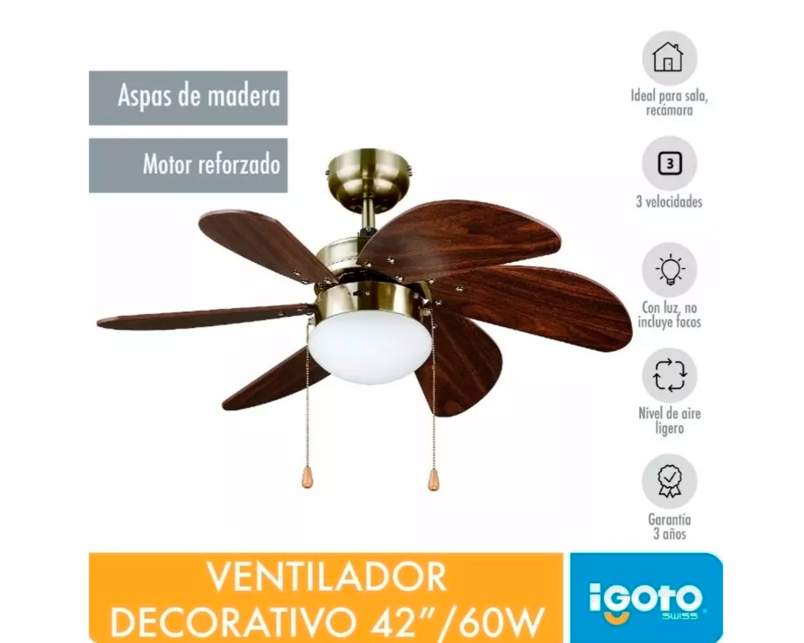 Foto 4 pulgar | Ventilador De Techo Igoto V3002 Marrón 3 Velocidades