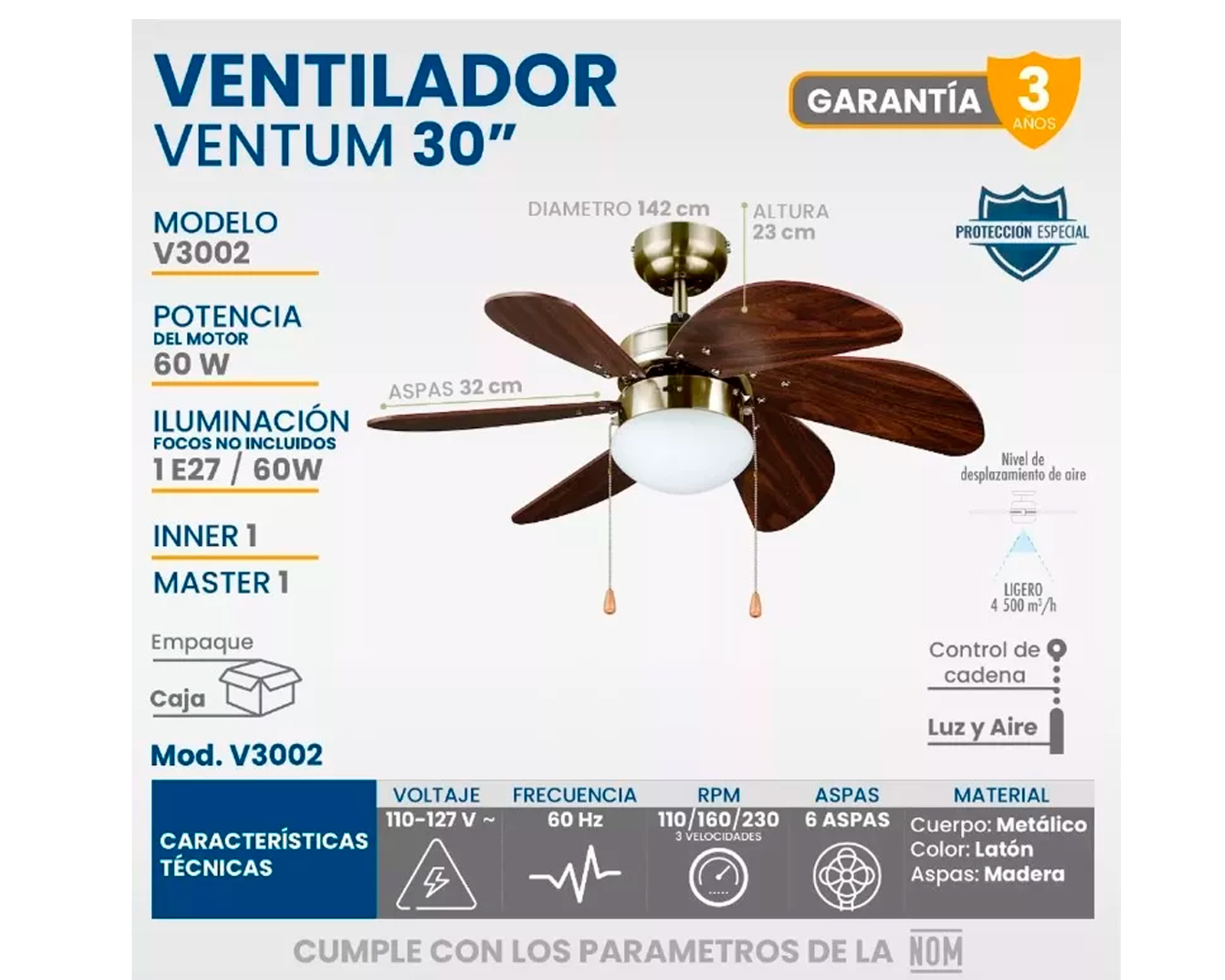 Foto 5 pulgar | Ventilador De Techo Igoto V3002 Marrón 3 Velocidades