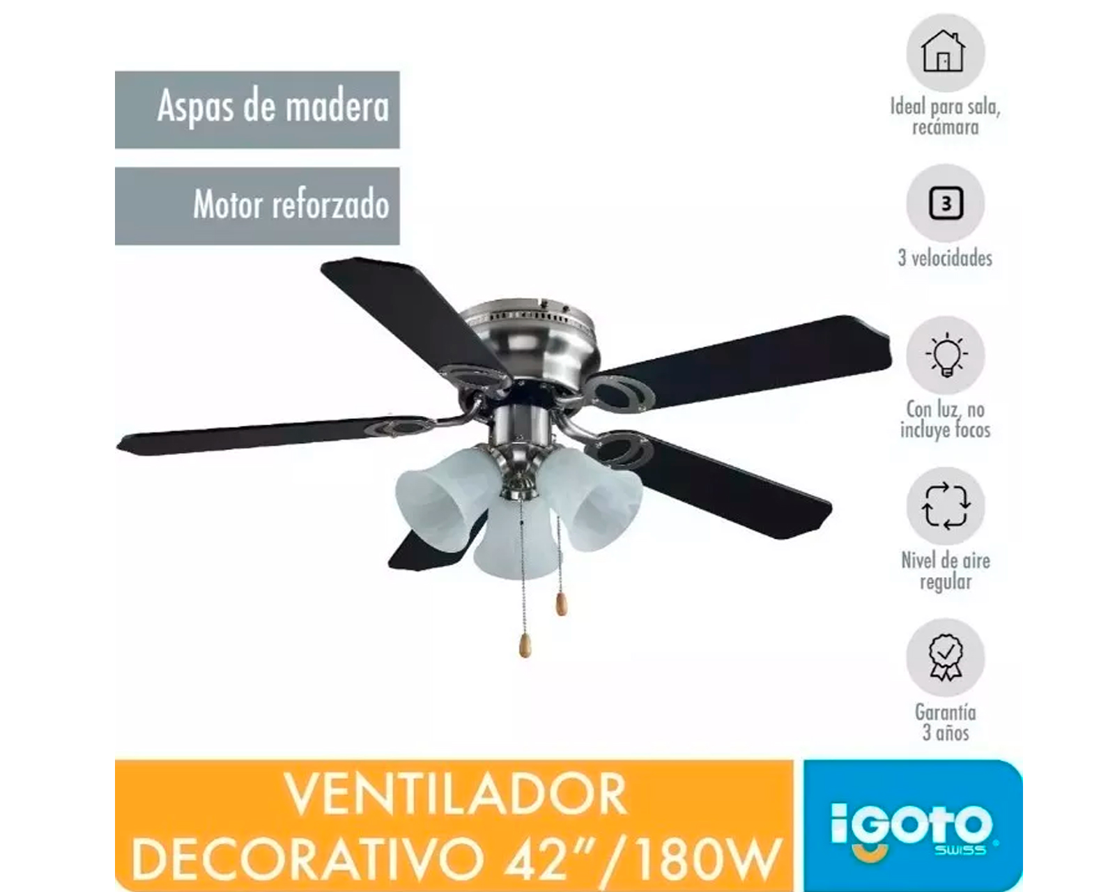 Foto 3 | Ventilador De Techo Igoto V4201 Negro Con 3 Velocidades