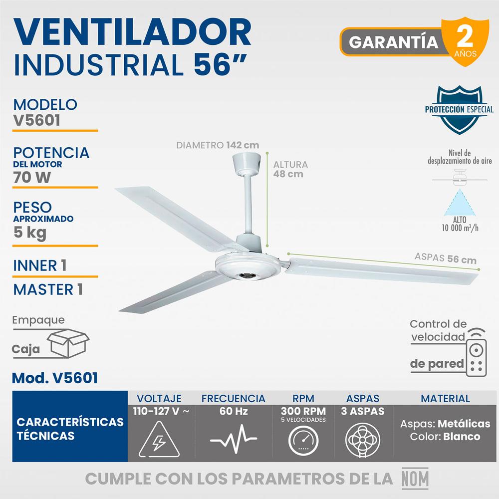 Foto 6 pulgar | Ventilador De Techo 3 Aspas Con Control 5 Velocidades 142 Cm