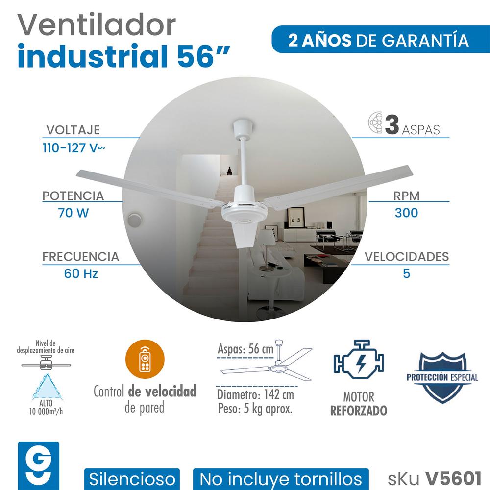 Foto 7 pulgar | Ventilador De Techo 3 Aspas Con Control 5 Velocidades 142 Cm