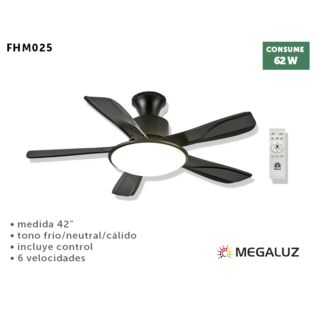 Foto 2 | Ventilador de Techo con Lámpara Led 5 Aspas Fijas color Negro