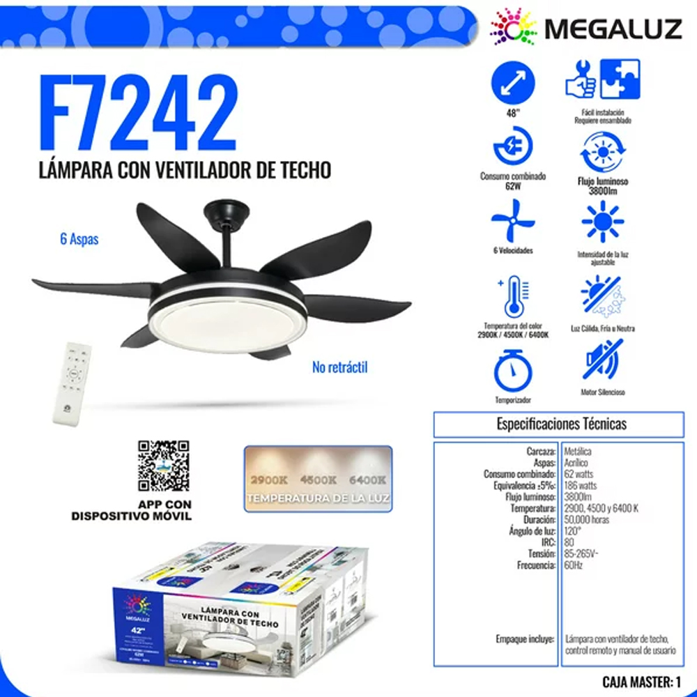 Foto 3 pulgar | Ventilador de Techo Megaluz F7242 color Negro