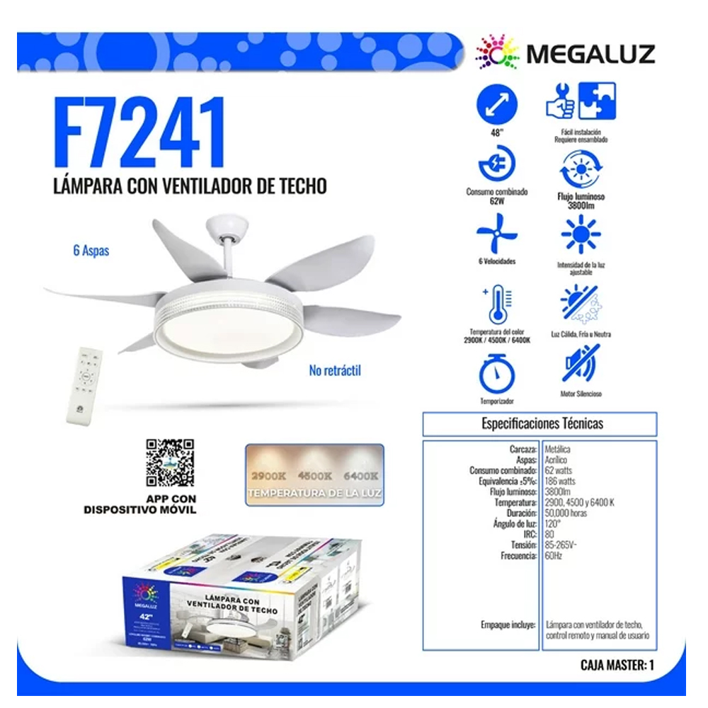 Foto 3 pulgar | Ventilador De Techo Con Lámpara Led De 42'' Blanco Megaluz F7241
