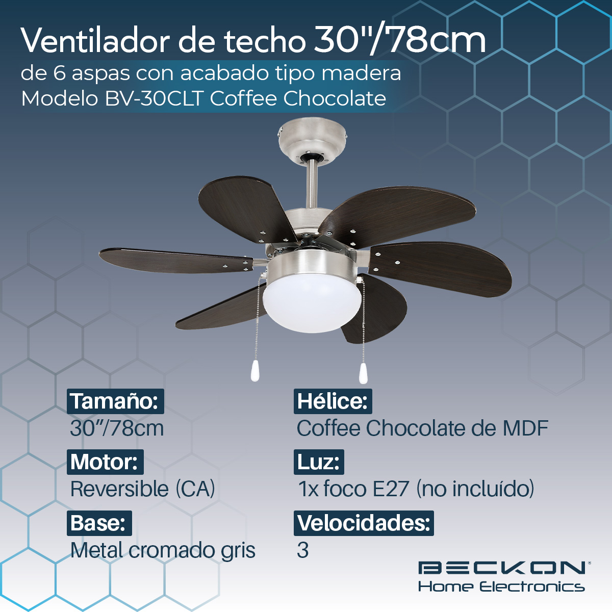 Foto 3 pulgar | Ventilador de Techo Beckon Moderno 78 cm 6 Aspas Acabado Tipo Madera