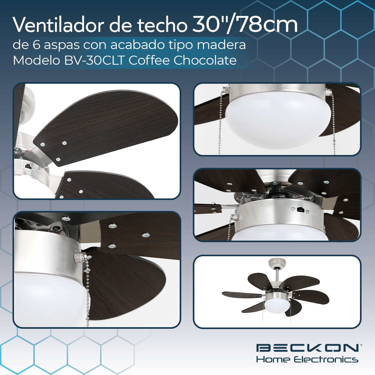 Foto 4 | Ventilador de Techo Beckon Moderno 78 cm 6 Aspas Acabado Tipo Madera