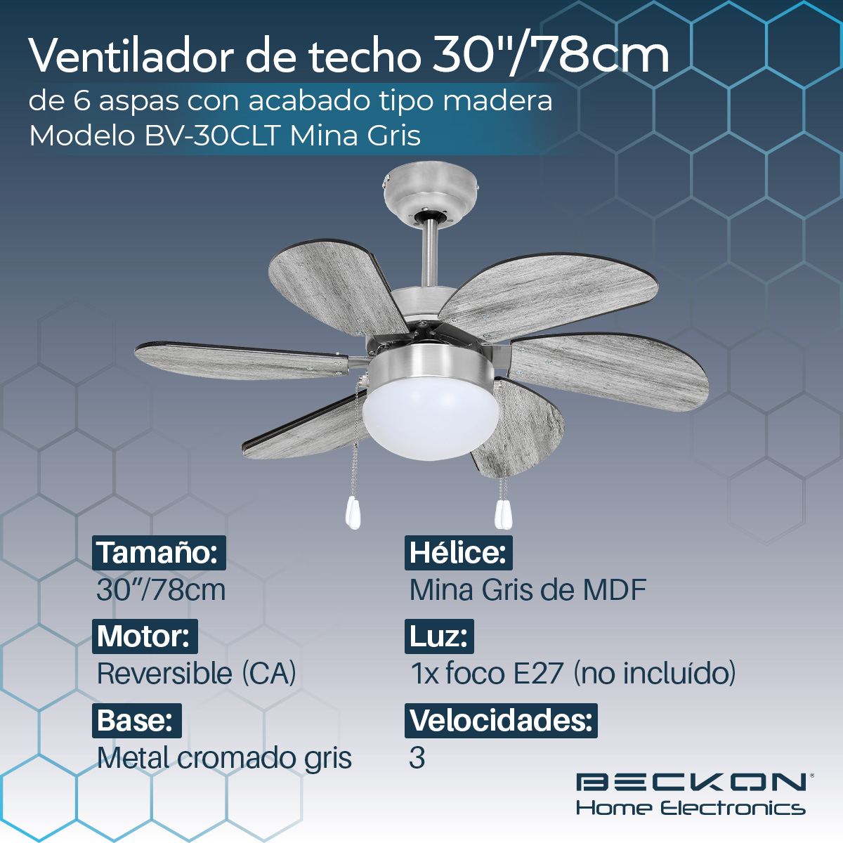 Foto 3 pulgar | Ventilador de Techo Beckon Moderno 78 cm 6 Aspas Acabado Tipo Madera