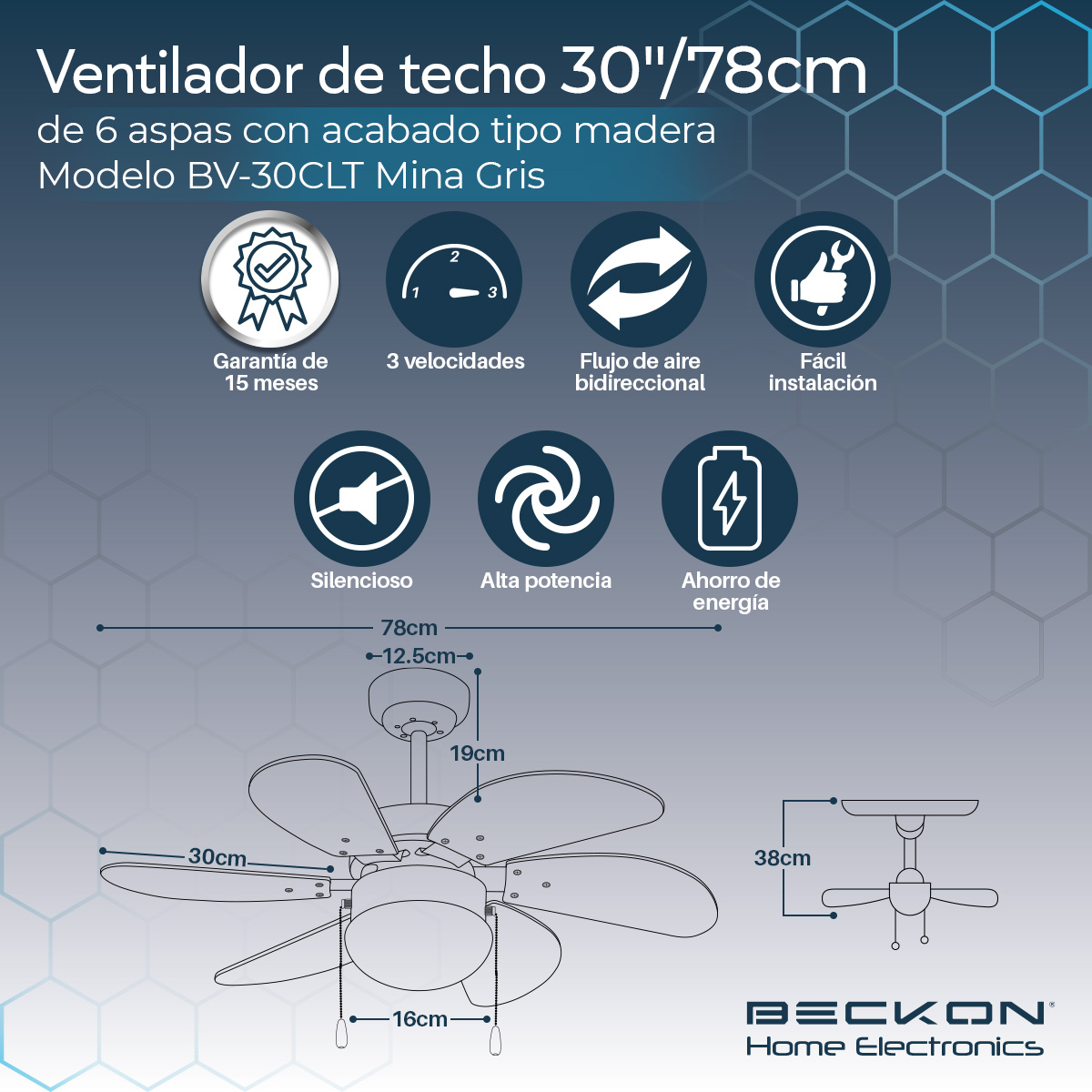 Foto 3 | Ventilador de Techo Beckon Moderno 78 cm 6 Aspas Acabado Tipo Madera