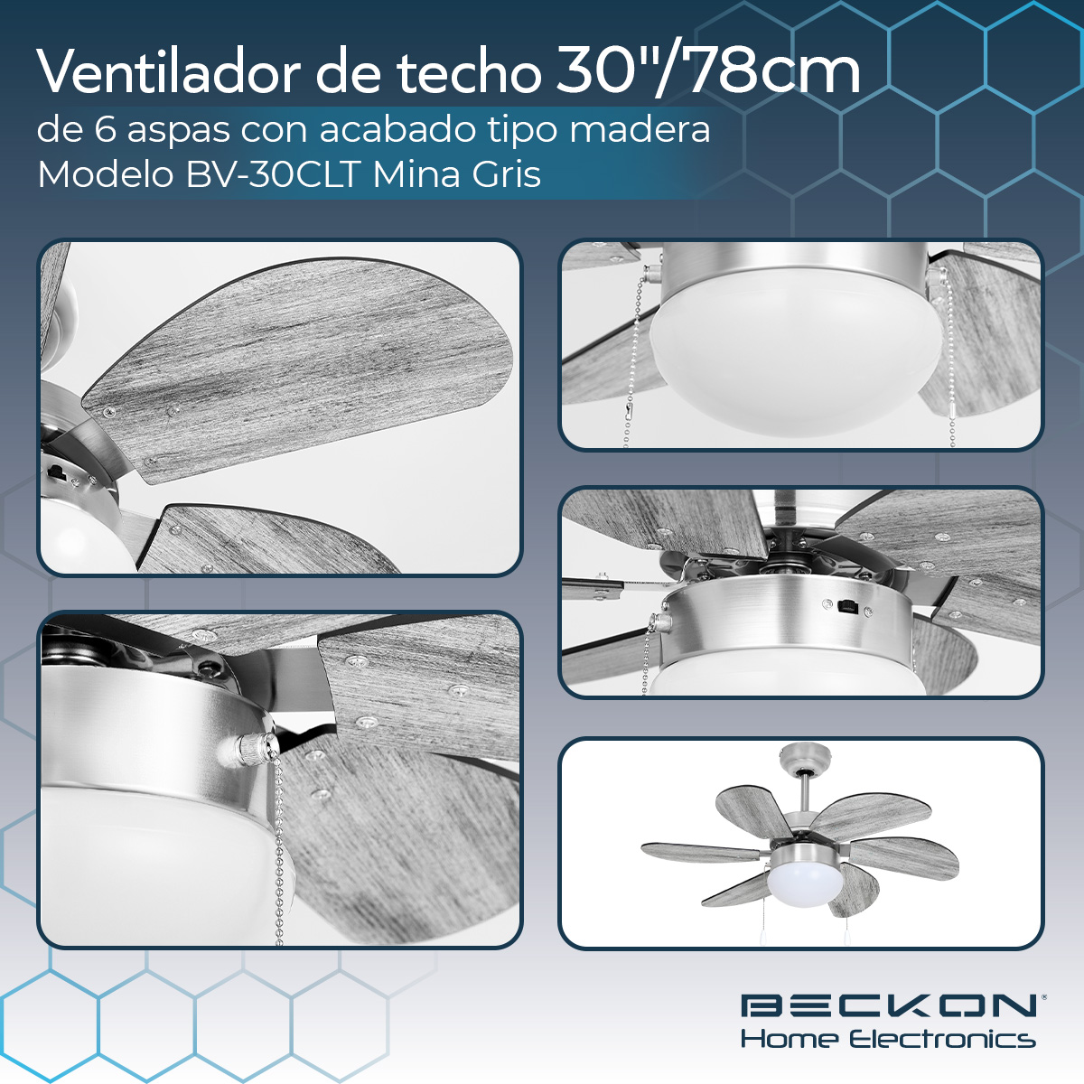 Foto 5 pulgar | Ventilador de Techo Beckon Moderno 78 cm 6 Aspas Acabado Tipo Madera