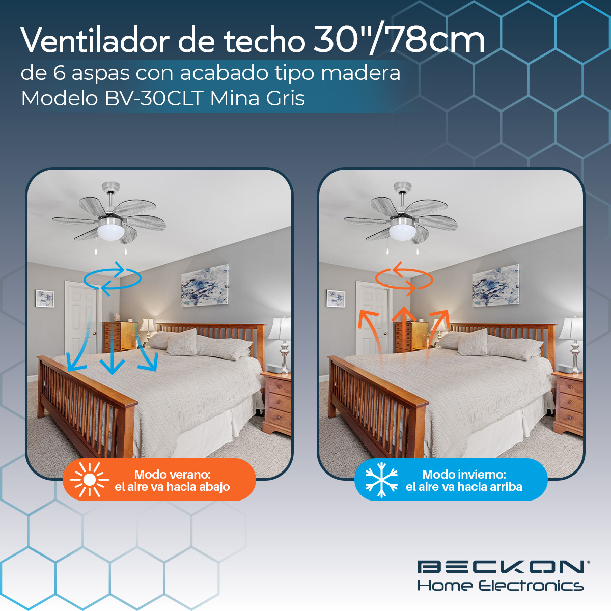 Foto 7 | Ventilador de Techo Beckon Moderno 78 cm 6 Aspas Acabado Tipo Madera