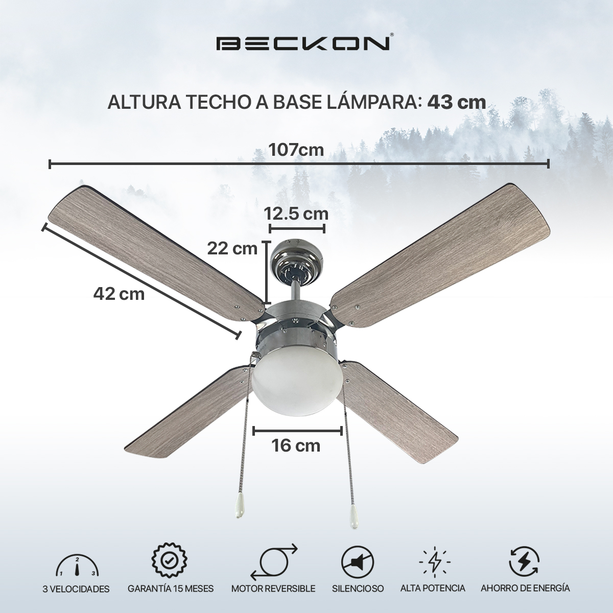 Foto 5 | Ventilador de Techo Beckon Moderno de 42 Pulgadas 107 cm 4 Aspas Acabado Tipo Madera