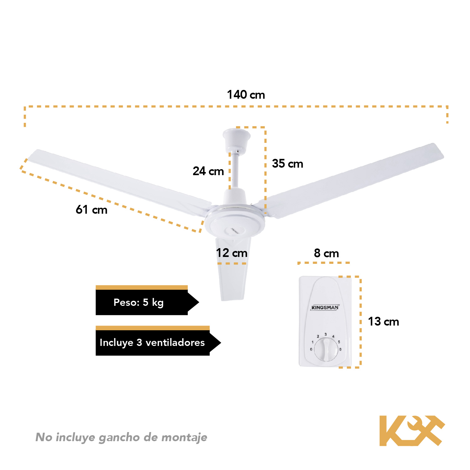 Foto 5 | Ventilador de Techo Kingsman 56'' 3 Aspas 127v 65w 5 Velocidades 3 Piezas