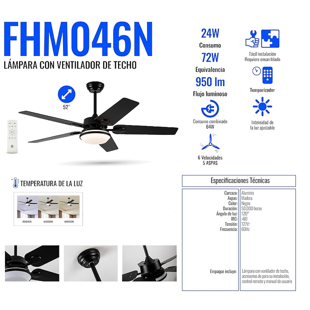 Foto 3 pulgar | Ventilador de Techo Megaluz 52 Pulgadas Control Remoto y Luz Led Fría/Cálida/Neutra