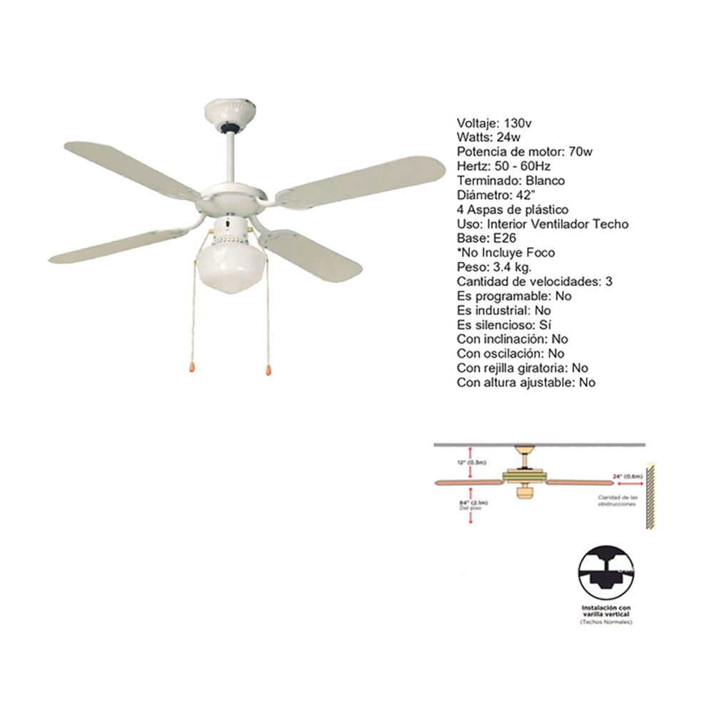 Foto 2 | Ventilador de Techo 42'' Base E26 Silencioso 3 Velocidades 24 Watts Blanco