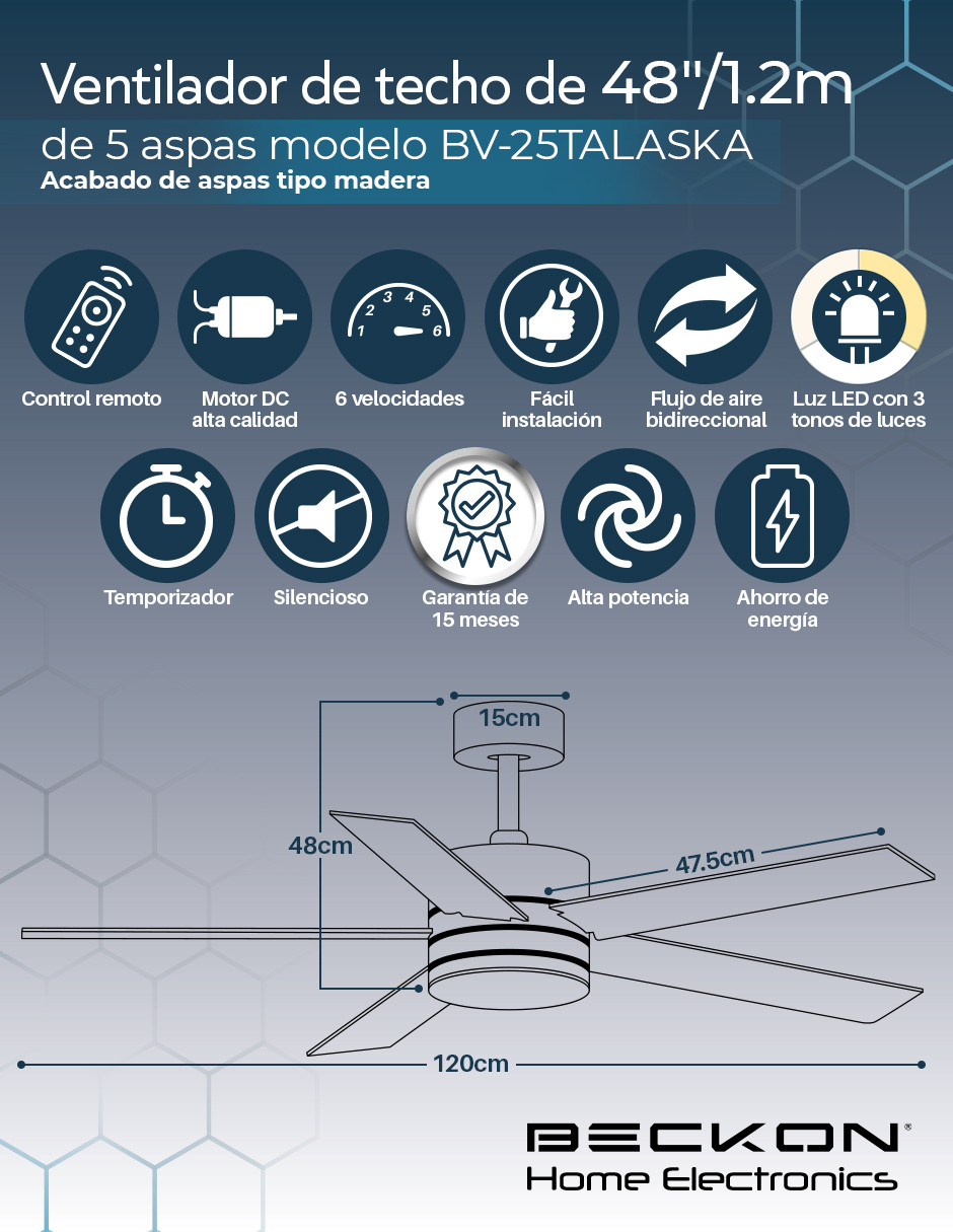 Foto 3 pulgar | Ventilador de Techo Moderno 1.2m 6 Velocidades 5 Aspas
