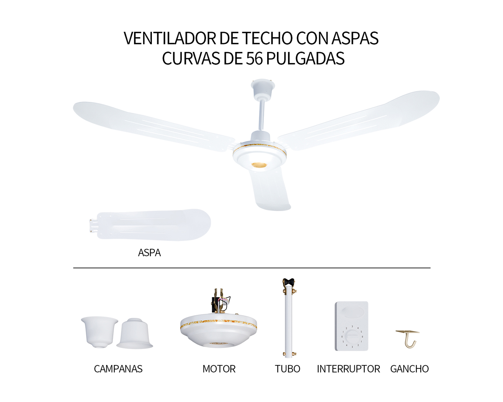 Foto 5 pulgar | Ventilador De Techo 56'' Kit 3 Piezas Basitex Color Blanco